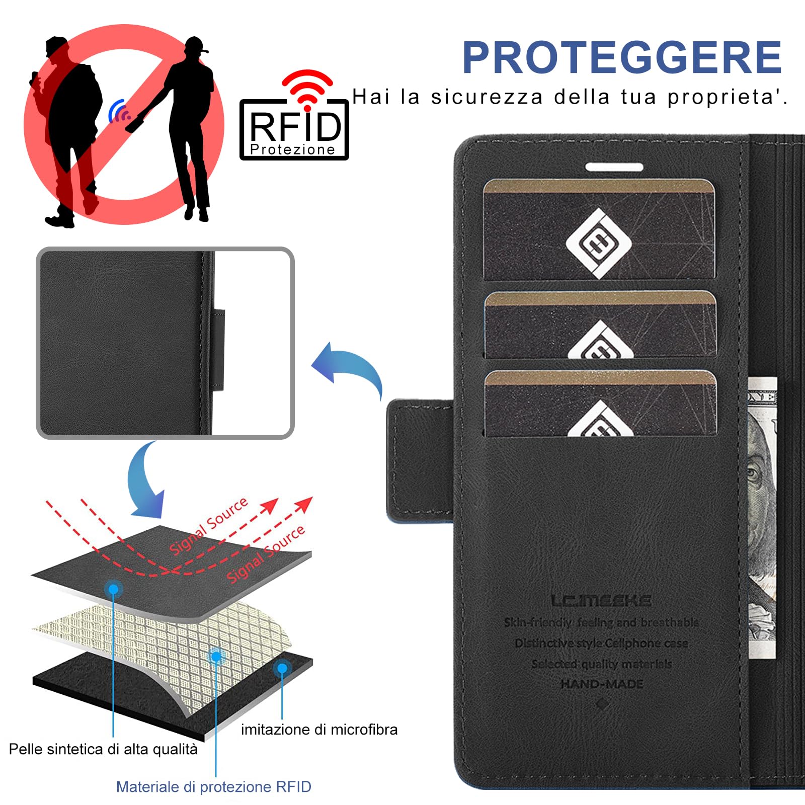 Giyer Cover per Samsung Galaxy A35 5G Custodia con Vetro Temperato, Premium Pelle PU Portafoglio Slot per Scheda RFID Antifurto Funzione Supporto Flip Case, Antiurto per Samsung A35 5G Cover (Nero)