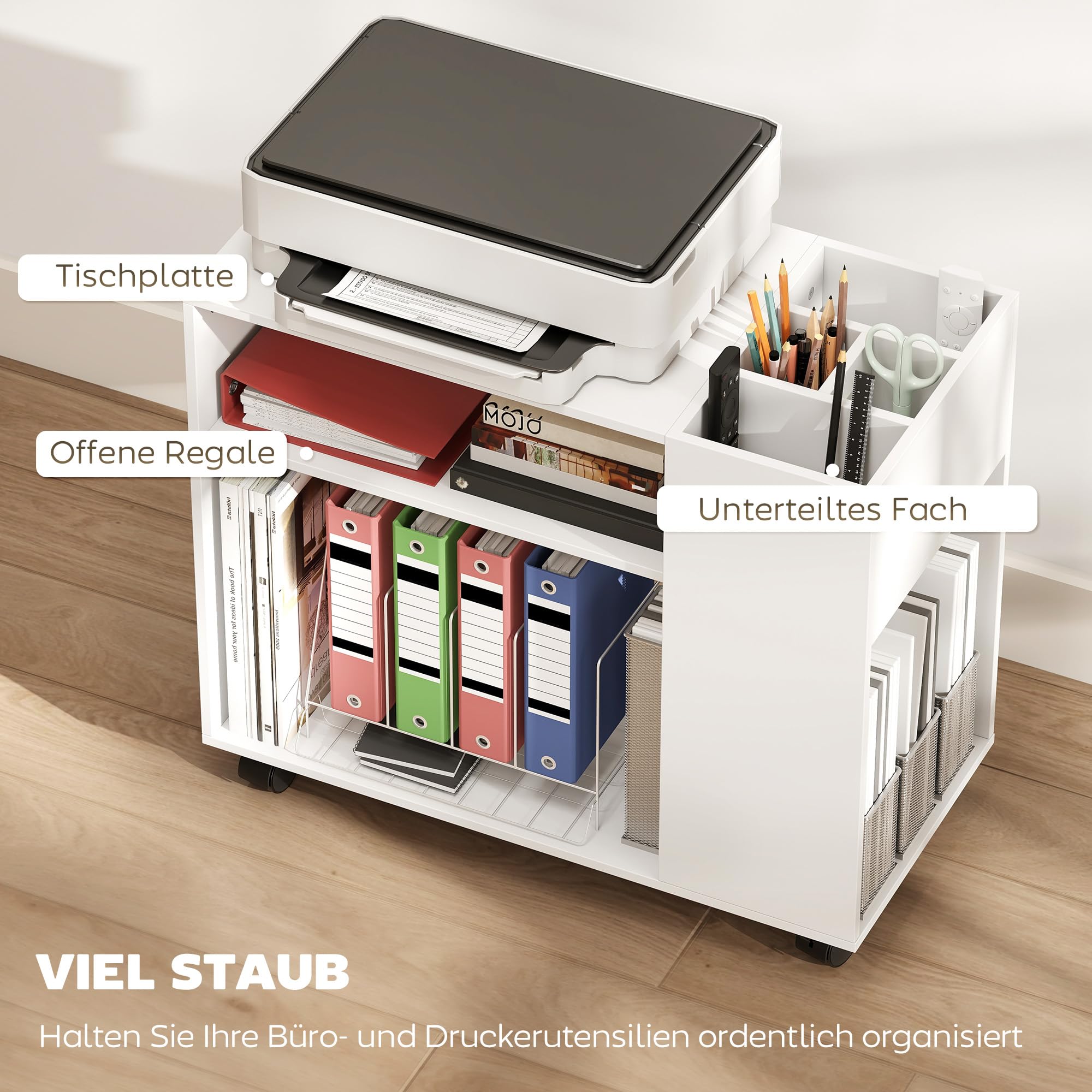 HOMCOM Druckertisch mit Rollen mit Unterteiltem Fach 70 x 34 x 60 cm Weiß | Druckerständer, Ablageflächen, Schreibtisch Organizer für Drucker, Druckerwagen für Büro Fax Scanner Office