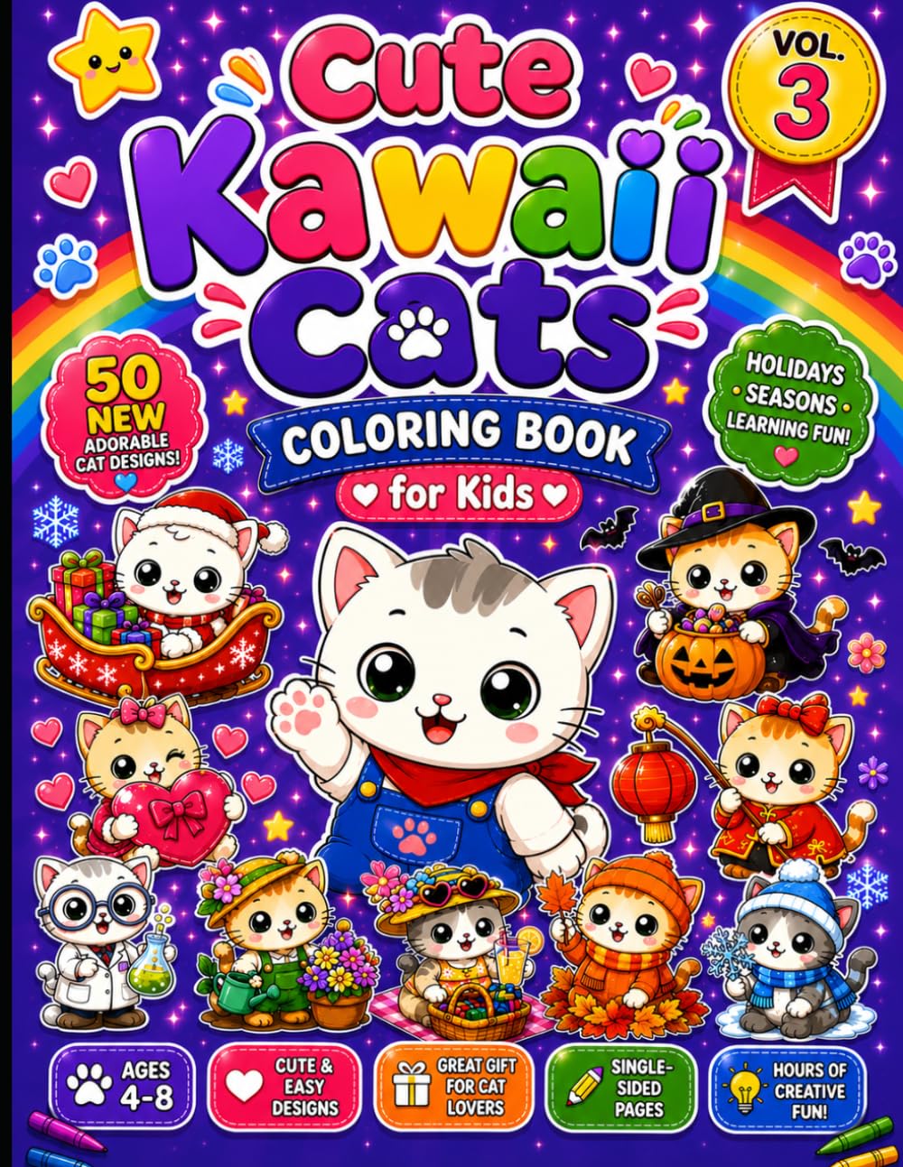 Cute Kawaii Cats Coloring Book for Kids Ages 4-8: Volume 3: 50 Adorable Cat Coloring Pages with Holidays, Seasons, and Cute Adventures