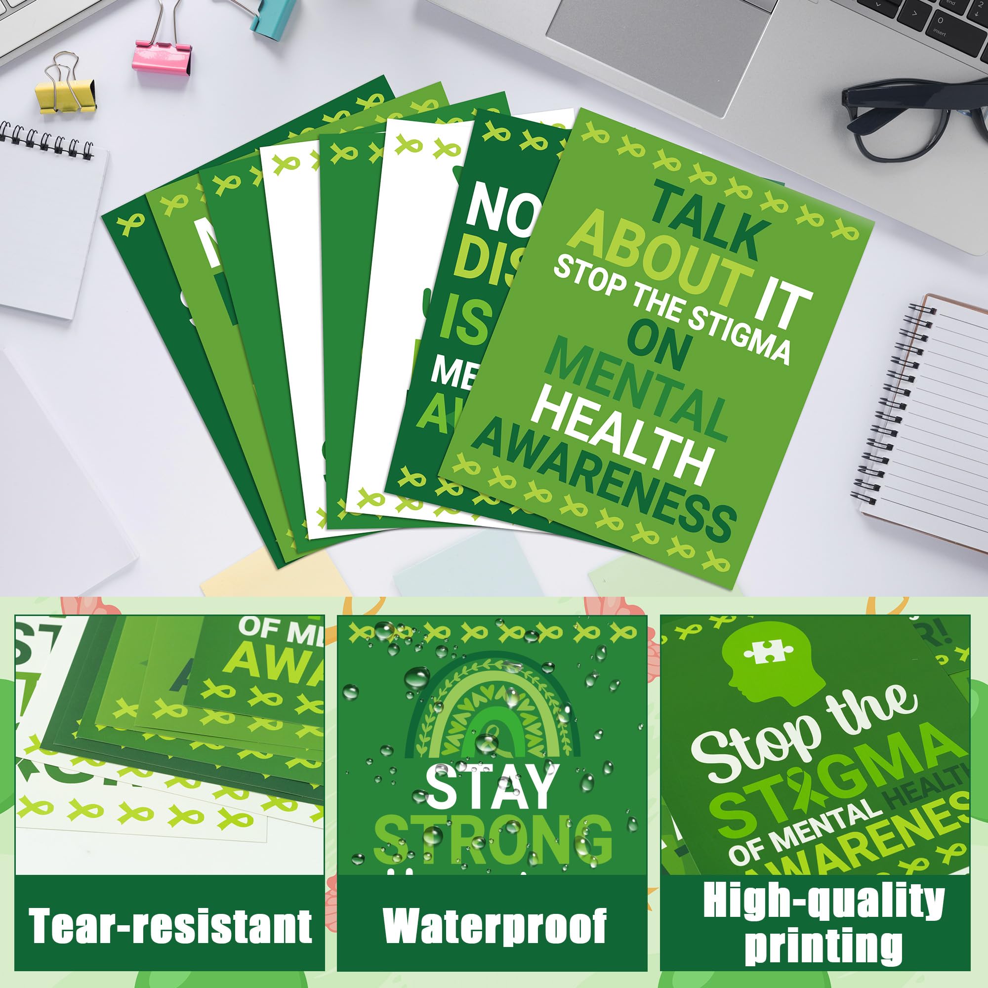CPicdn 8Pcs Mental Health Posters, Unframed Mental Health Awareness Poster 8x10 Inch Wall Art Prints Decor Positive Quotes Green Ribbon Decorations for Classroom School Therapy Counseling Office - Image 3