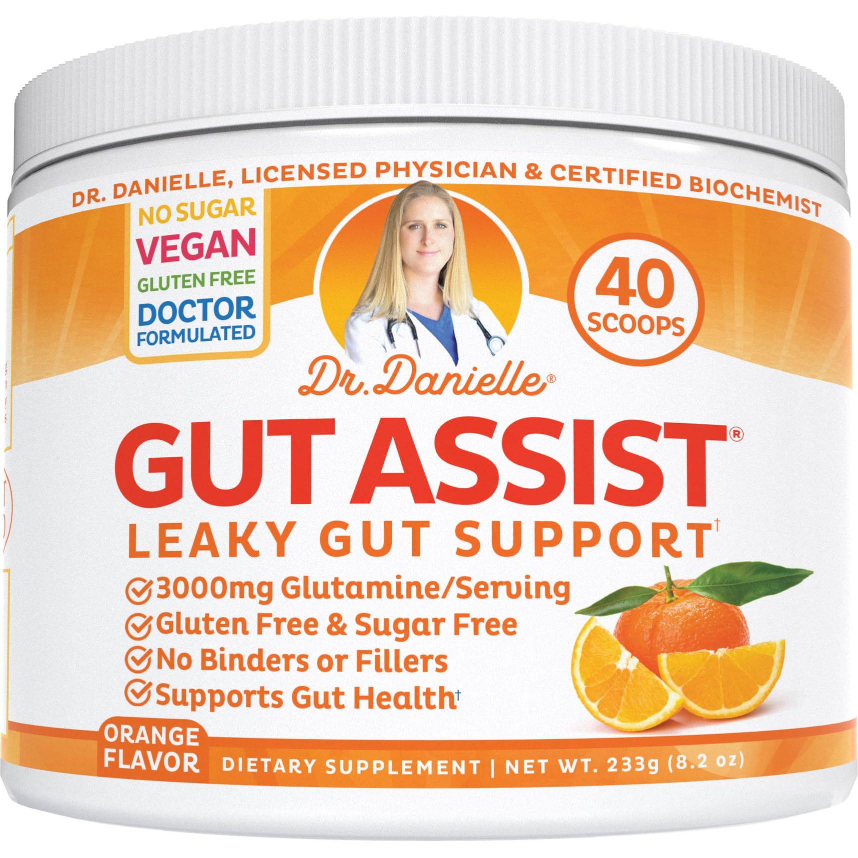 Doctor Danielle Gut Assist - Leaky Gut Repair Supplement Powder - Glutamine, Arabinogalactan, Licorice Root - Supports IBS, Heartburn, Bloating, Gas, Constipation, SIBO from, Orange Flavor