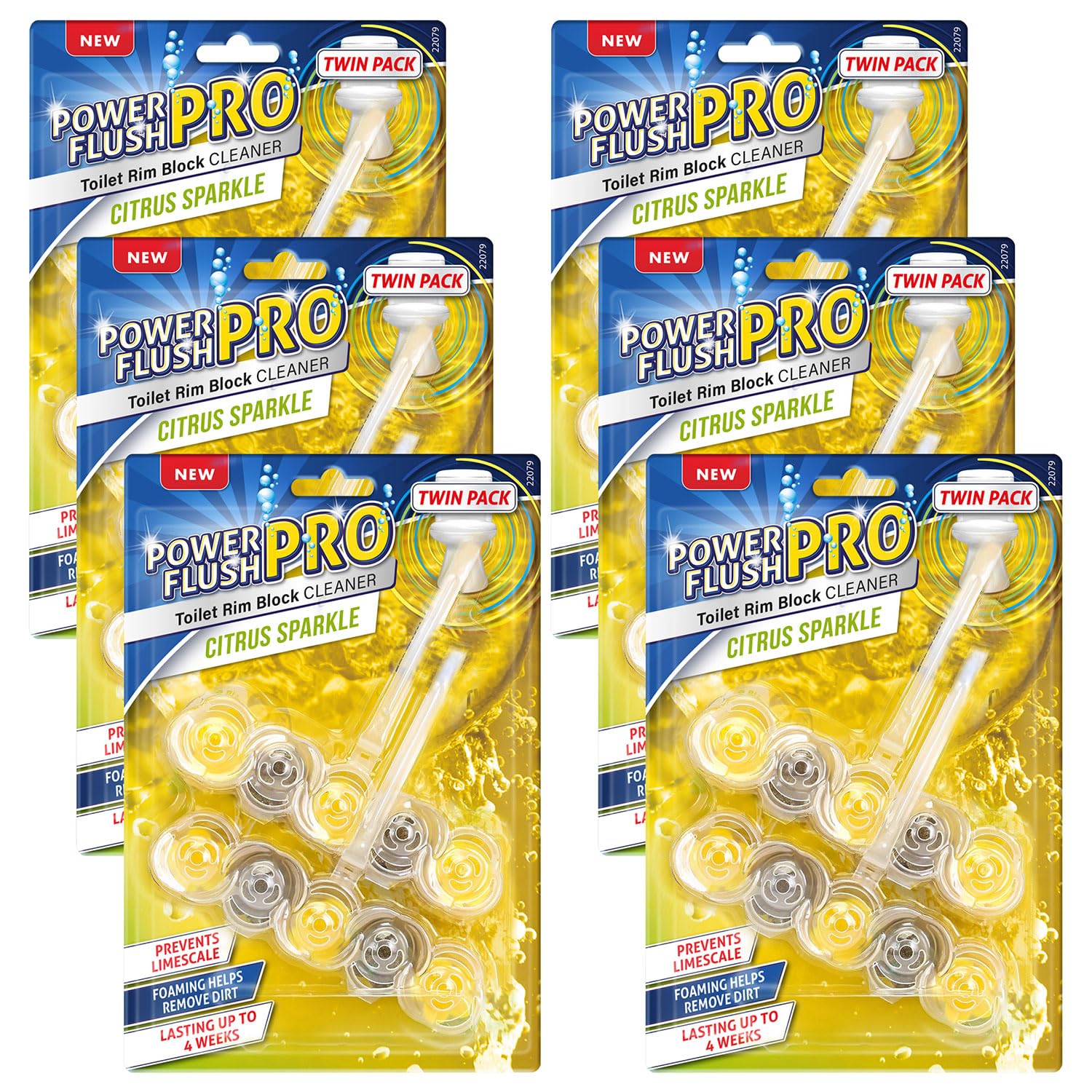 6 Pack Power Flush Pro Citrus Sparkle Toilet Rim Block Cleaner (Twin Pack), Clear Water Toilet Rim Block with Anti-Limescale, Cleaning Foam, Dirt Protection and Extra Freshness