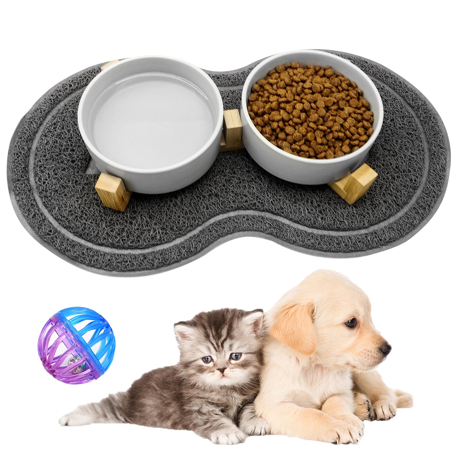 YUTUY Comedero Gato Perro 2 x 400ML Comedero Gatos de Ceramica con Soporte de Bambú y Alfombrilla Antideslizante Set Comederos para Comida y Agua para Gatitos,Comederos y Bebederos para Mascotas
