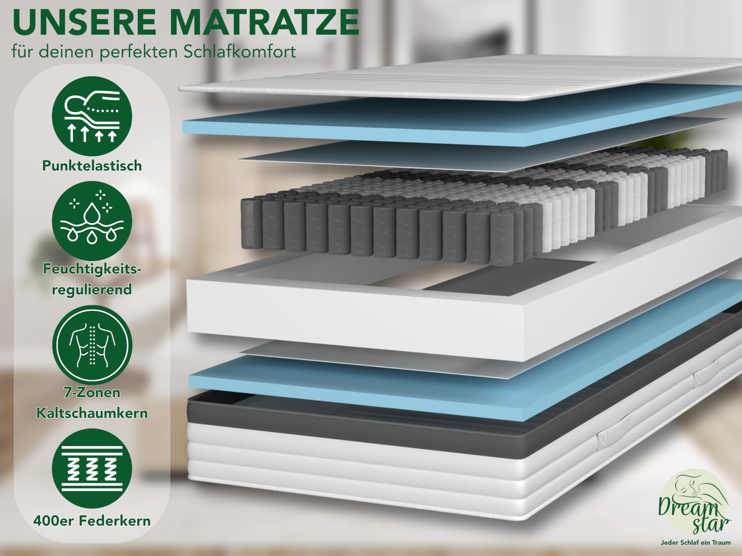 DREAMSTAR Gold Taschenfederkernmatras met 7 zones Tonnentaschenfederkernmatras I 21 cm hoog I Öko-Tex gecertificeerd I hardheidsgraad 4 (H4) I matras I 90 x 200 cm