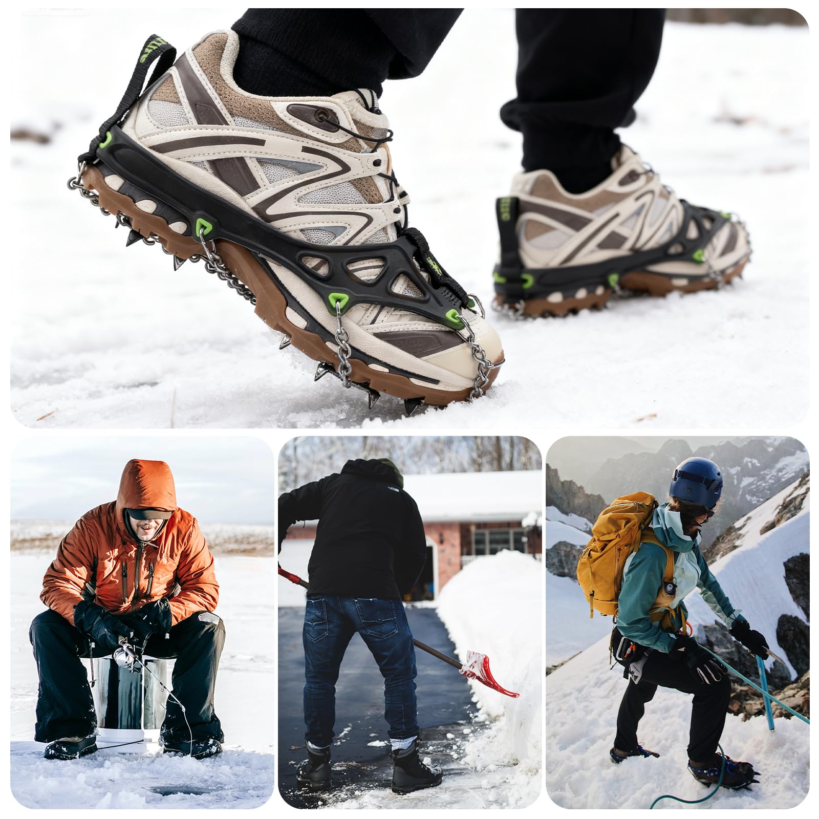 Crampons Antidérapants avec 22 Pointes en Acier Inoxydable, Chaussures d’Alpinisme Antiglisse pour Homme Femme, Randonnée, Trail, Pêche sur Glace, avec Pochette, Noir Vert, S/M/L
