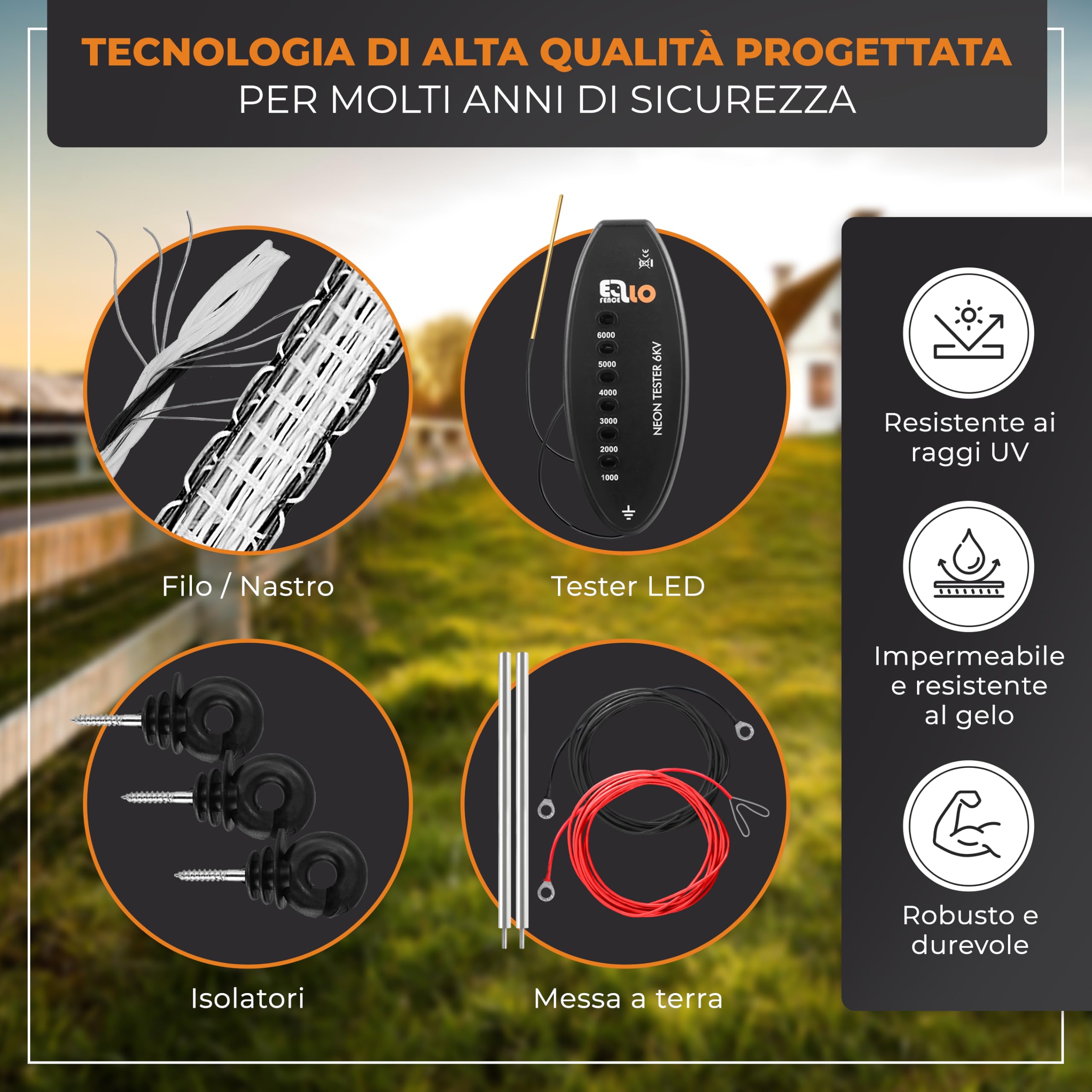Kit completo per recinto elettrico 200m | Con filo, tester LED e pali | Con elettrificatore, 200m di filo, tester LED, pali e messa a terra | Ideale per piccoli animali