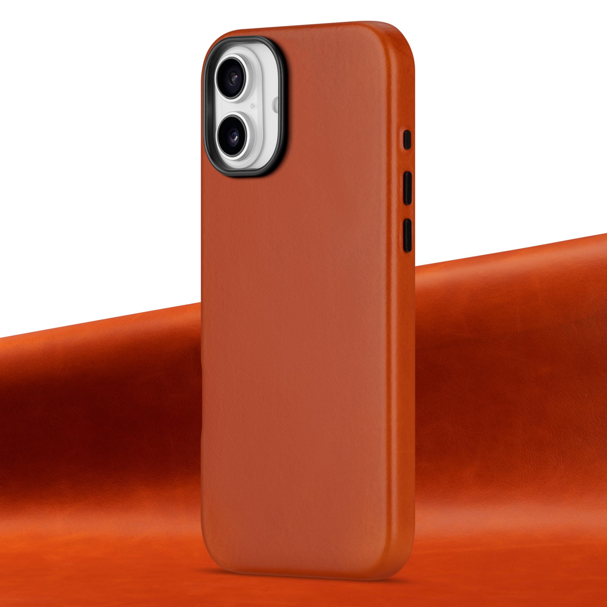 maogoam Funda de piel para iPhone 16 Plus de 6.7 pulgadas, compatible con MagSafe, cuero auténtico de grano superior curtido vegetal, botones de metal y marco de cámara, estilo elegante, naranja