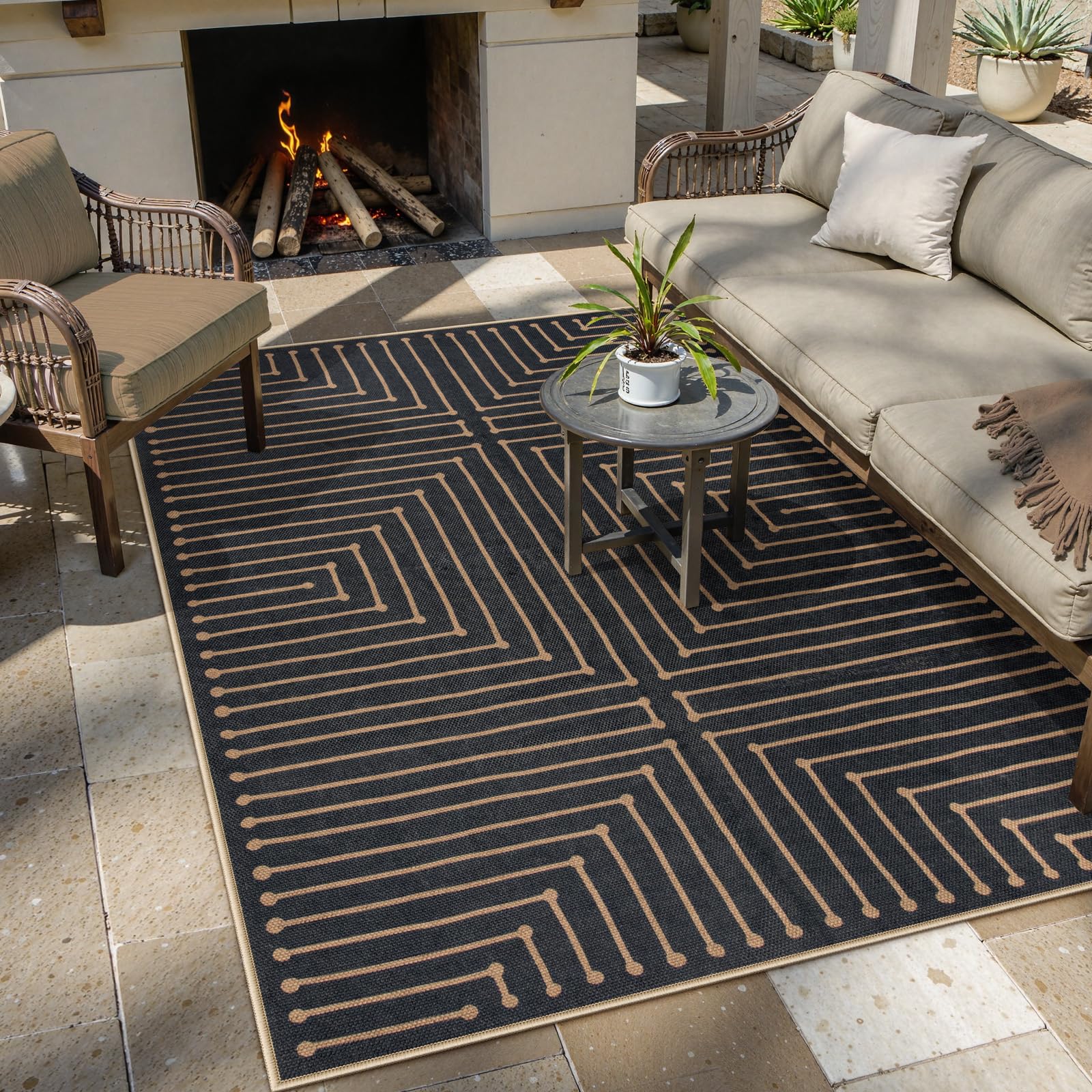 Lahome Neutral Geometric Outdoor Rug