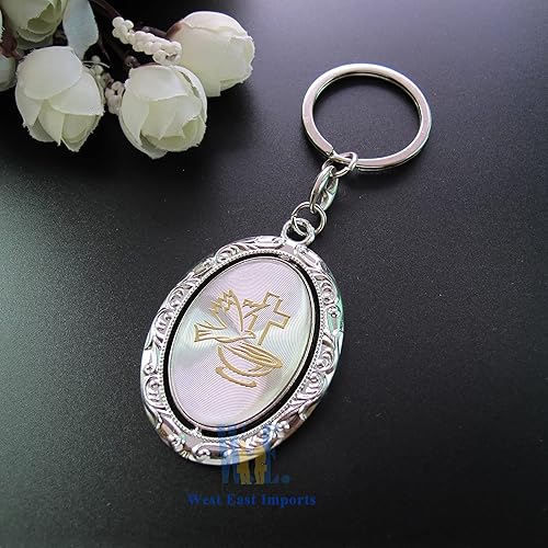 Miniatura 7 de 12pcs personalizado Bautismo favores Spinning llaveros Recuerdos Para Bautizo gravados primera comunión Bautizo Recuerdos