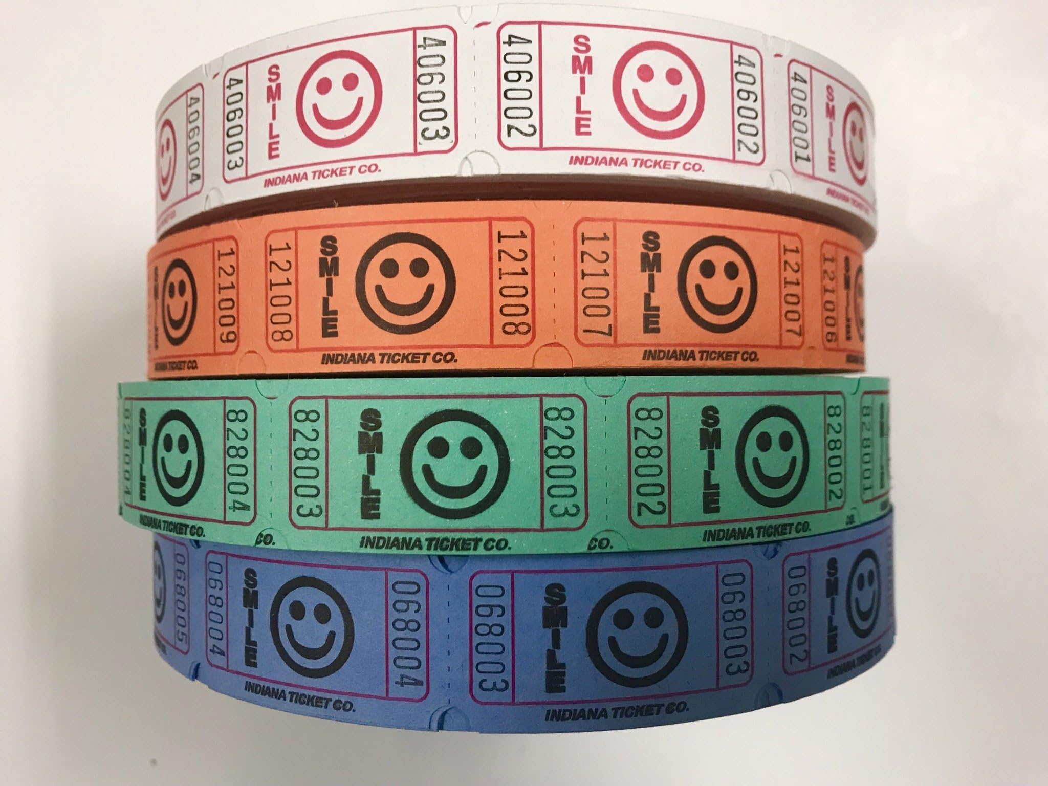 4 Rolls of 2000 Tickets) 8,000 Total Smile Raffle Tickets (Raspberry-Orange-Green-Blue)