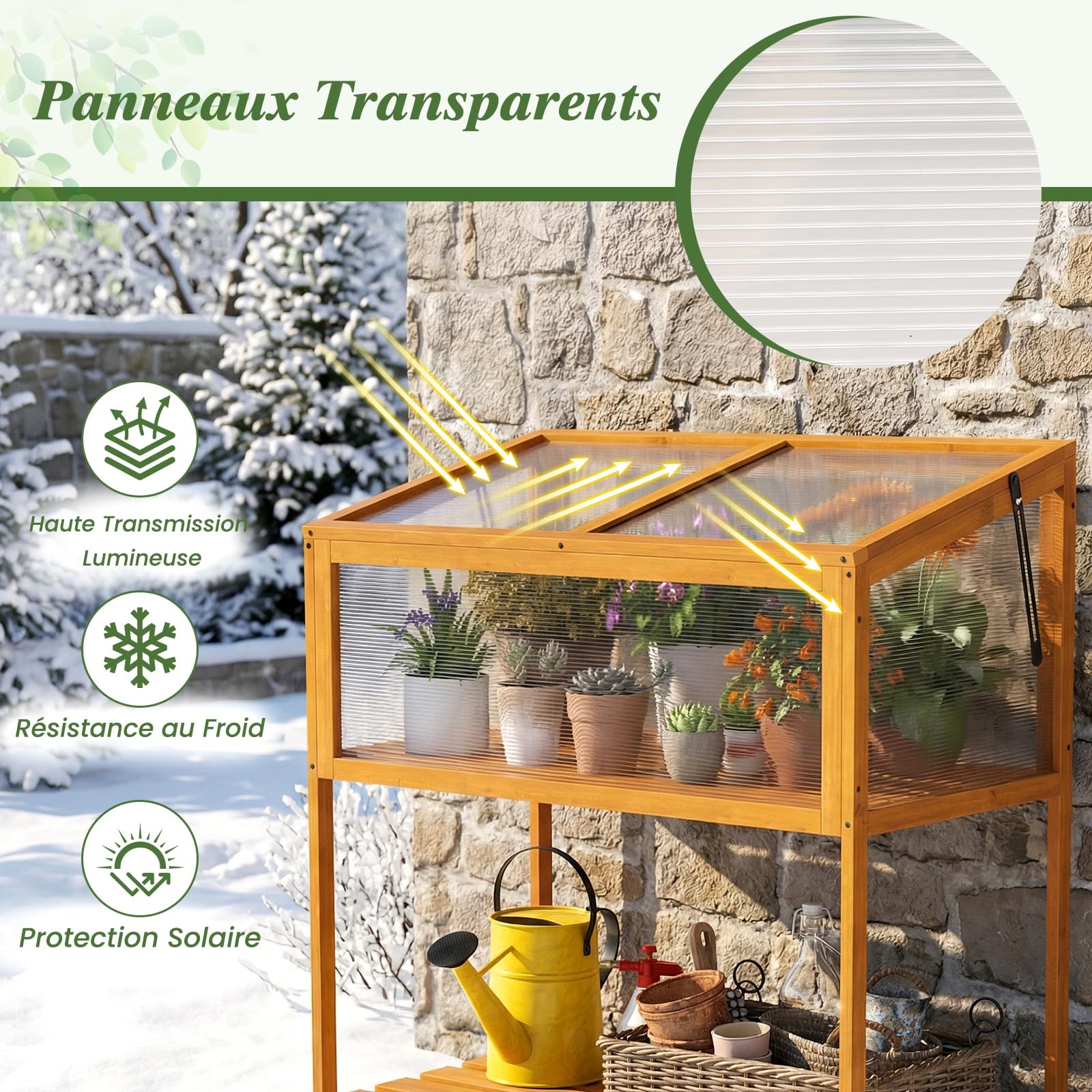 COSTWAY Serre de Jardin en Bois de Sapin, Serre Surélevée Extérieur avec Toit Transparent Ouvrant Étagère de Rangement à Lattes, Gain de Place pour Jardin Véranda Balcon, Orange (90 x 50,5 x 105 cm)