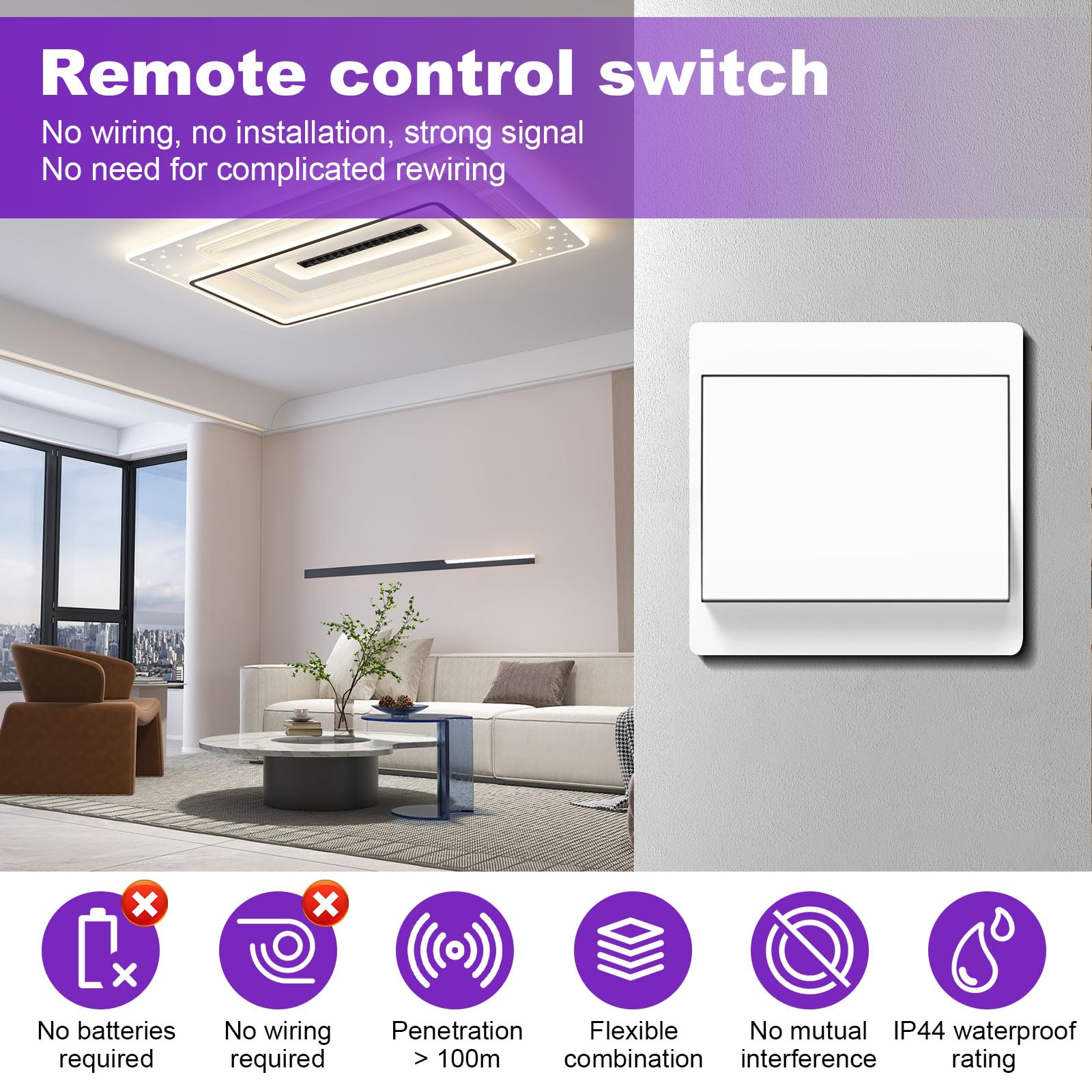 Juego de interruptores de luz inalámbricos de 230 V – Interruptor inalámbrico independiente sin batería, interruptor de pared inalámbrico impermeable con receptor, alcance de hasta 200 m (no regulable