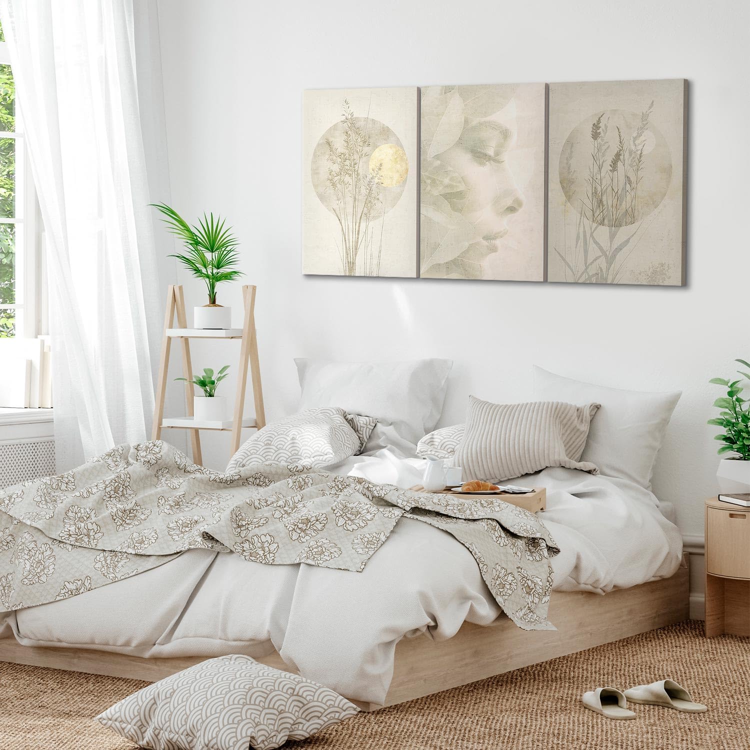murando - Set De 3 Cuadros Fonoabsorbentes Rostro de mujer 120x60 cm | flores 3 Pieza 40x60 cm Cada - Conjunto De 3 - Cuadro Acústica Absorbe el Sonido Decoración Salón Moderno
