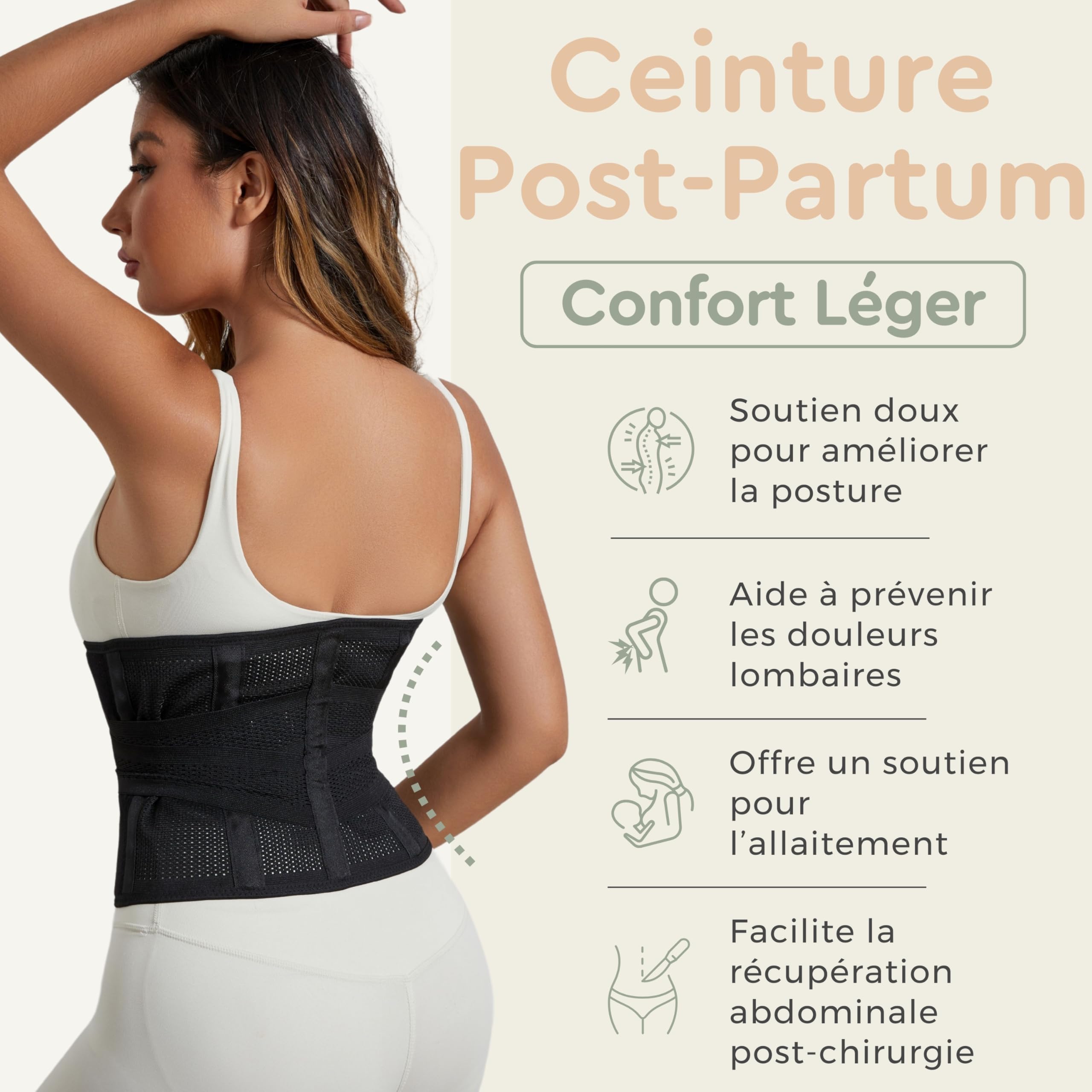 BellyHug – Ceinture Post Accouchement Gainante et Abdominale | Gaine Post Partum pour Femme – Soutien du Ventre, Taille et Bassin, Compression Ajustable (Noir, L)