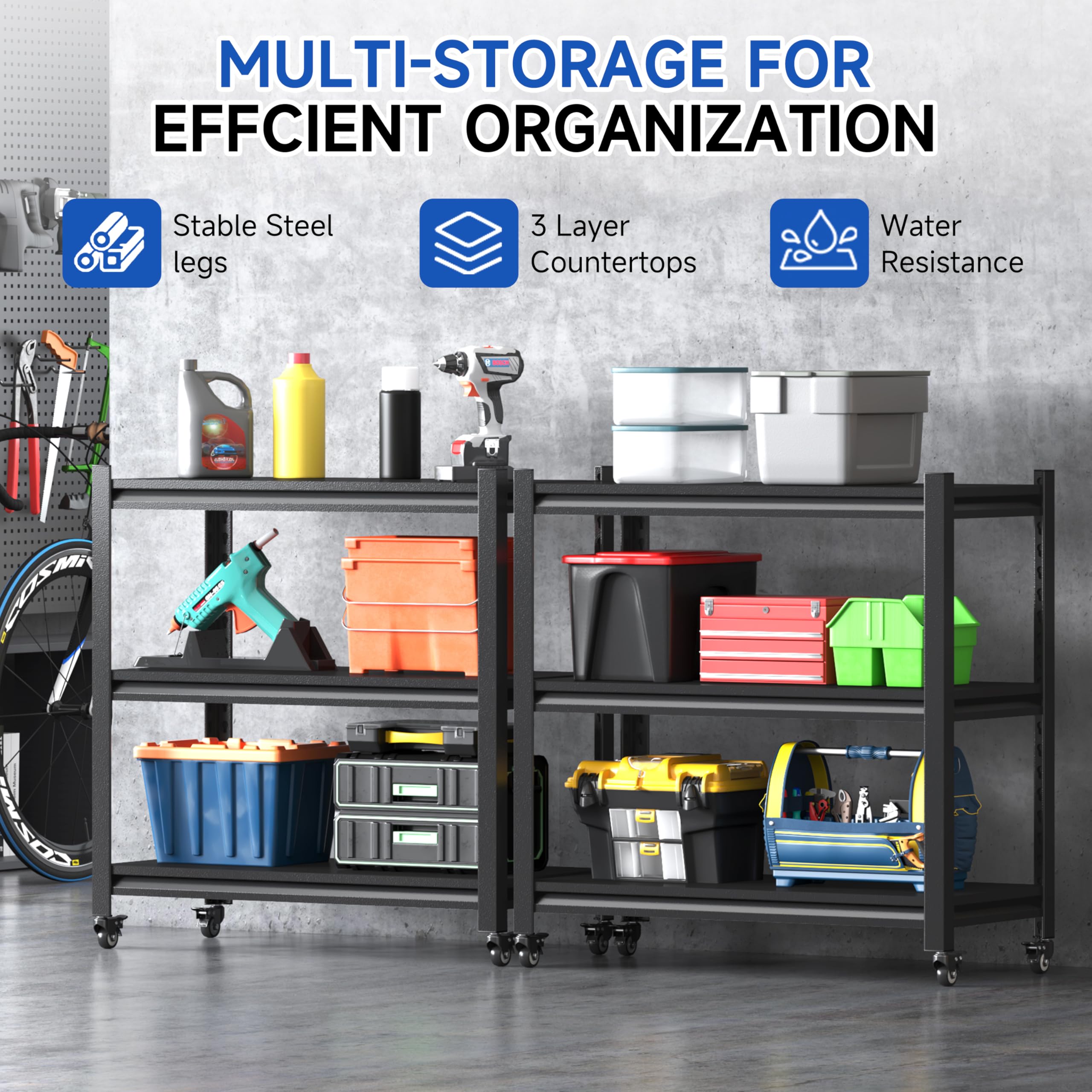 3 Tier Adjustable Garage Storage Shelving,Heavy Duty Utility Rack Shelf Unit on 4 Wheel Casters,Standing shelves for Garage, Home, Pantry,Kitchen,Warehouse,Bathroom & Laundry,Storage Rack - Black