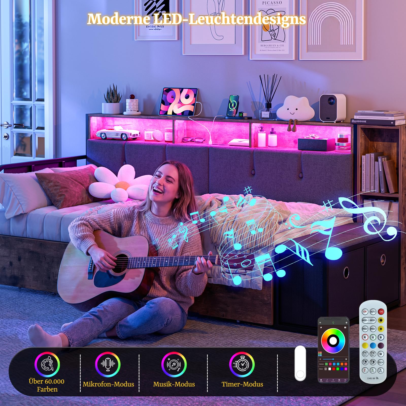 IKIFLY Multifunktionales Jugendbett 90x200 mit verstecktem Kopfteil-Stauraum, LED-Beleuchtung und Ladestation, Schlafsofa Tagesbett mit Lattenrost aus Metall und 4 Schubladen, Fußbank (Dunkelgrau)