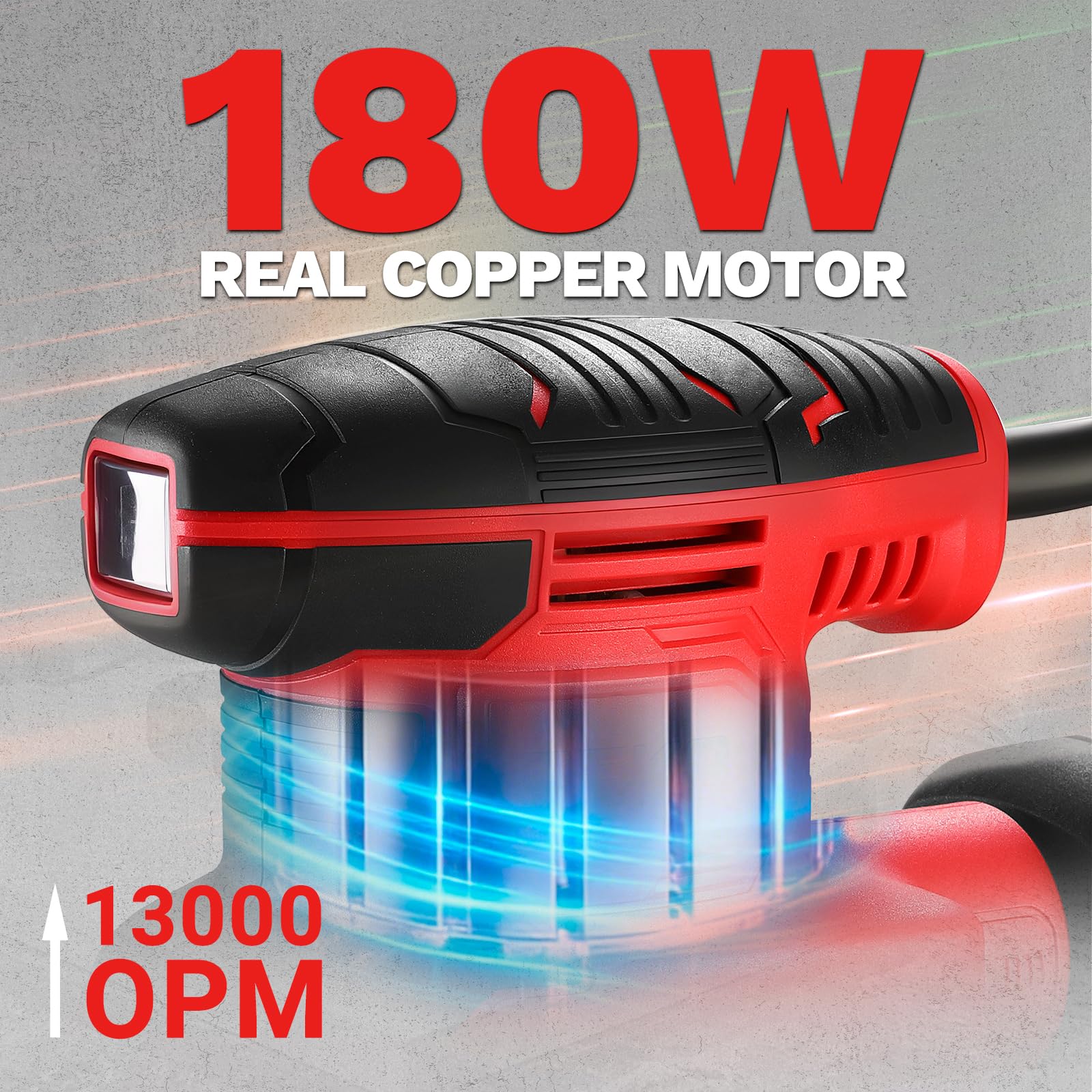 DEKOPRO Lijadora Electrica de 180W, Herramienta de Lijadora Orbital, 13000 RPM, con 15 Hojas de Papel de Lija - Lijado y Pulido de la Eliminación de la Madera, Rojo