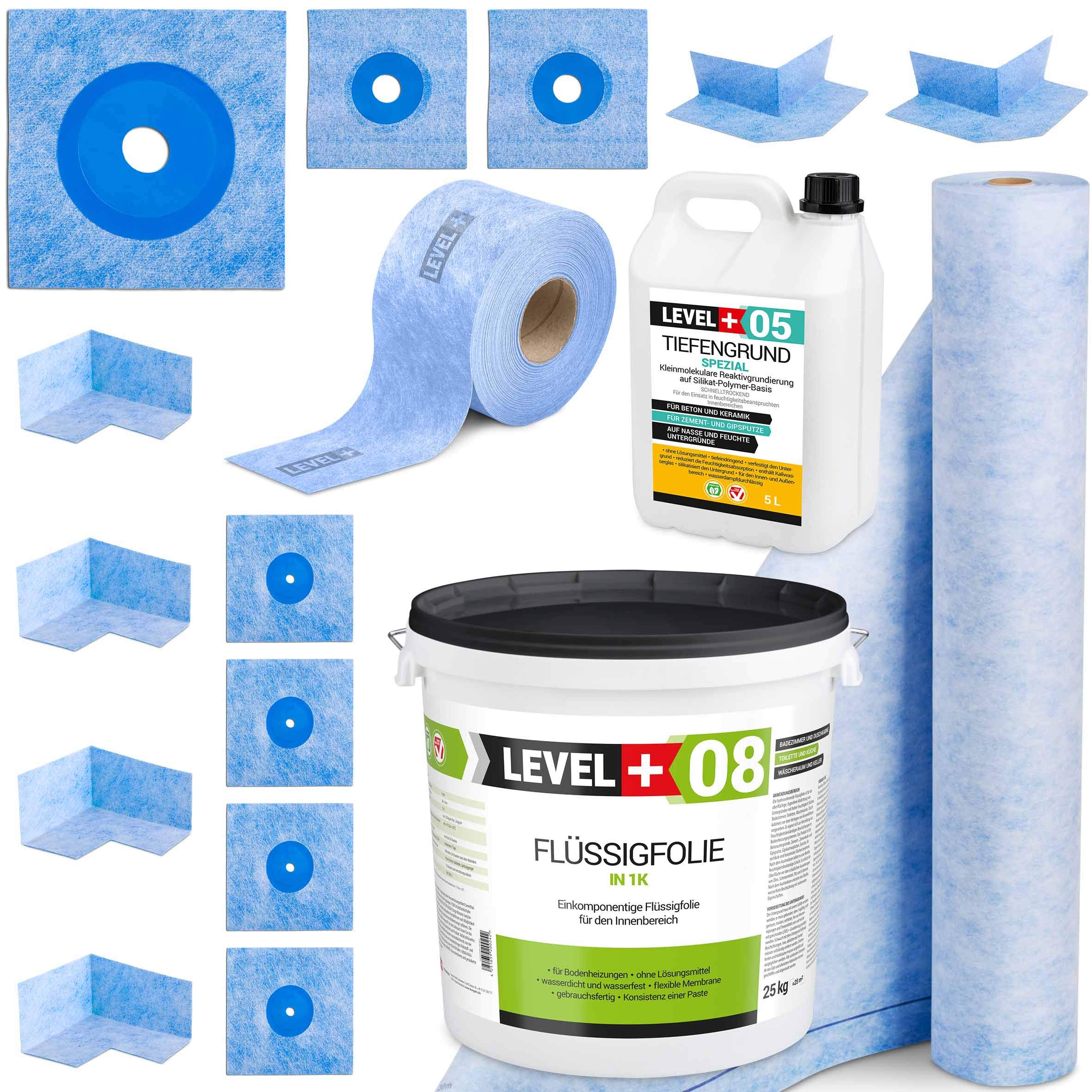 MEGA Dicht-Set Bad Dusche 25Kg Flüssigfolie 5L Tiefengrund 30M Dichtband 10M Dichtbahn 4 Innenecken, 2 Außenecke, 4 Manschetten 120x120, 2 Manschetten 150x150, 1 Manschetten 250x250 SET52