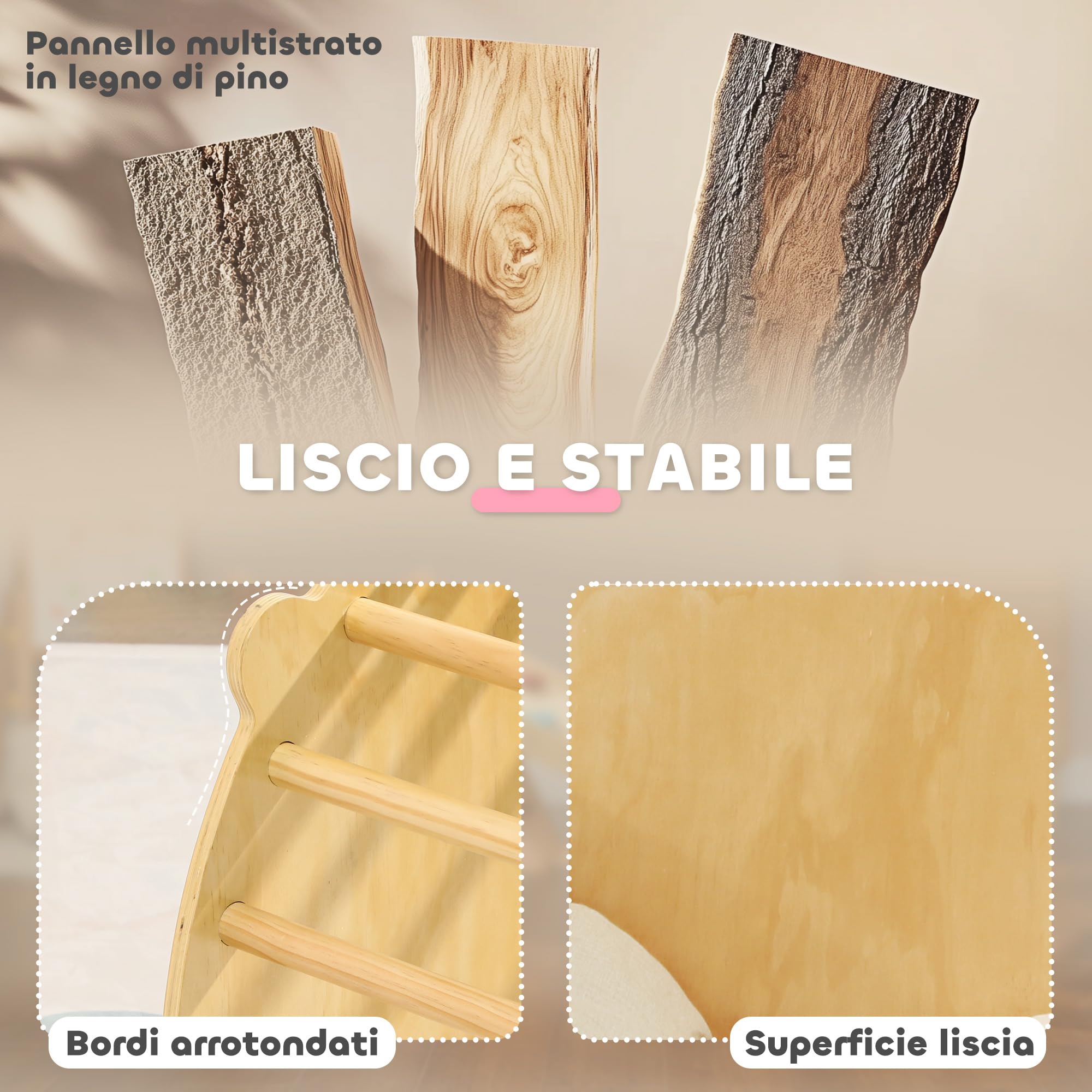 AIYAPLAY Arco Montessoriano 3 in 1 per Bambini, Struttura da Arrampicata, Tavolino e Dondolo con Cuscino, Età 18-48 Mesi, Legno Naturale