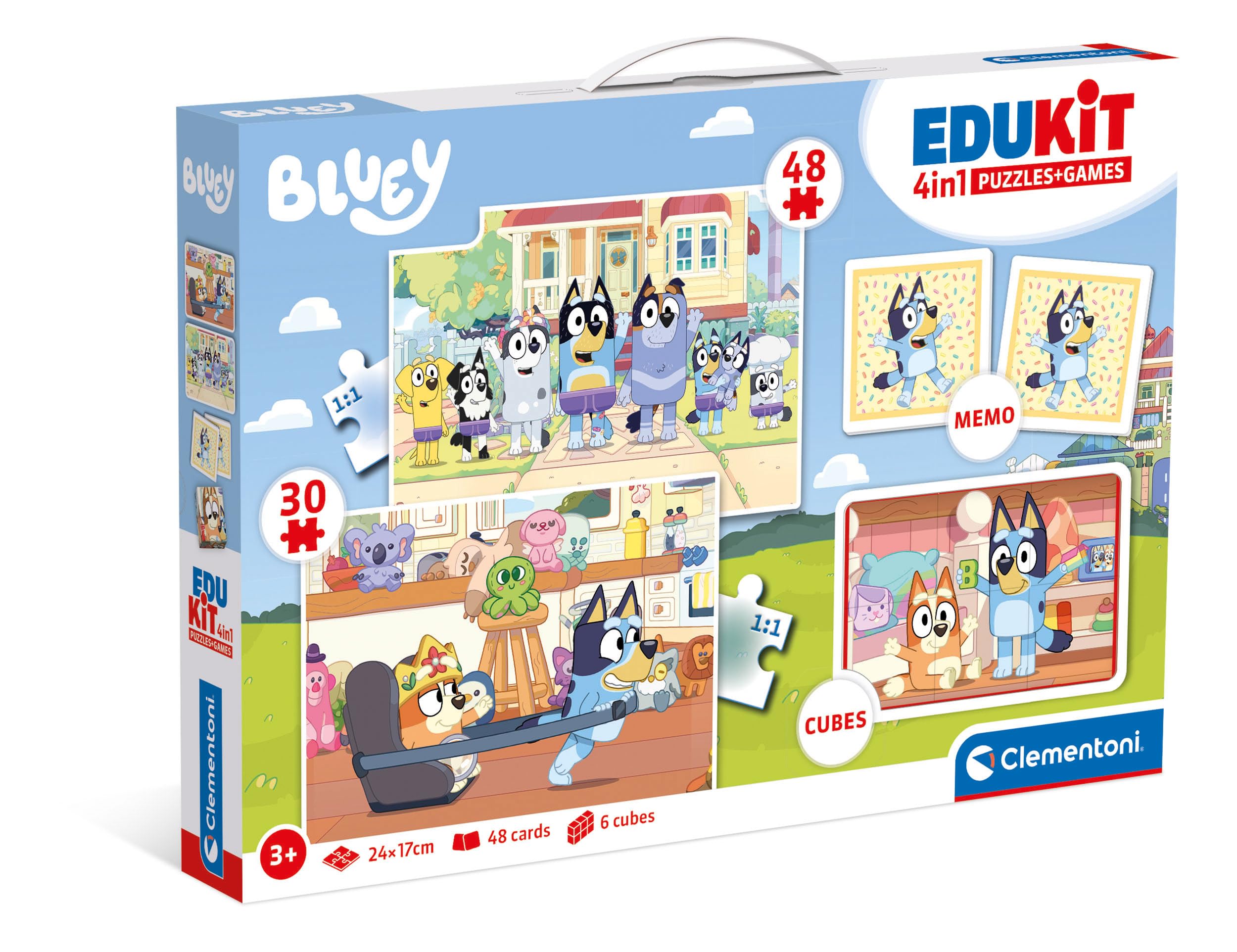 Clementoni - Edukit 4 In 1 Bluey - Juego Educativo Que Incluye Dos Puzzle Infantil De 30 Y 48 Piezas, Juego De Memoria Y 6 Cubos De Tus Personajes Favoritos, Juguete 3-5 Años, Made In Italy, 18320