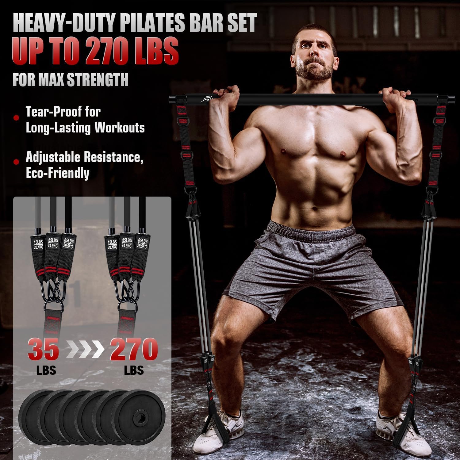 HPYGN Pilates Bar Kit mit Widerstandsbändern, Schwere multifunktionale Pilates Ausrüstung für Krafttraining, Abs, Rücken, Arme, tragbare Home Gym & Travel Fitness Ausrüstung