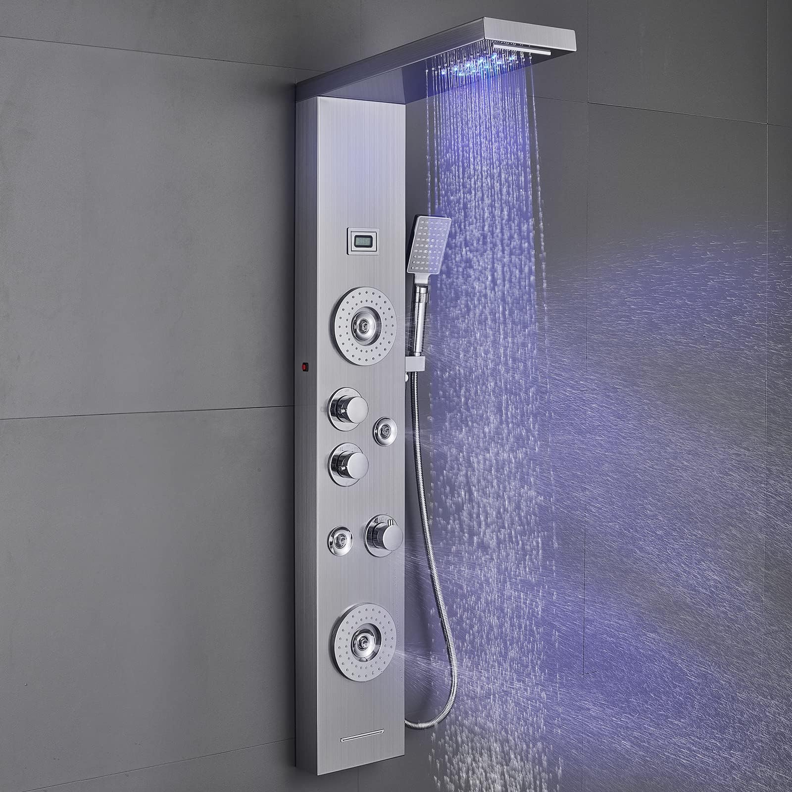 Panel de ducha LED de lluvia cepillado, 5 modos, paneles de ducha de acero inoxidable con chorros de masaje, ducha de lluvia, cascada, bañera, caño para baño, montaje en pared