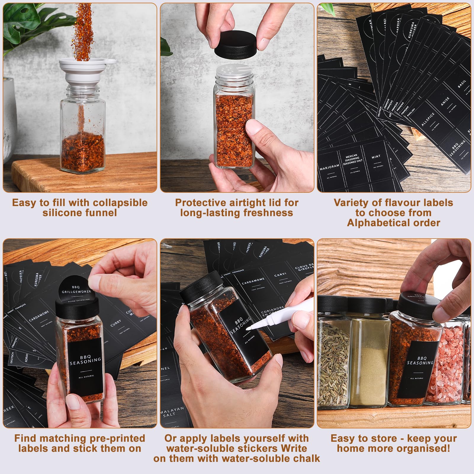 Bocaux à Épices, 24 Pièces Pot à Épices en Verre avec Étiquettes d'épices Françaises, 120ml Boite à Épices Cuisine Rangement - Bocal Epices avec Tamis, 243 Étiquettes, Entonnoir