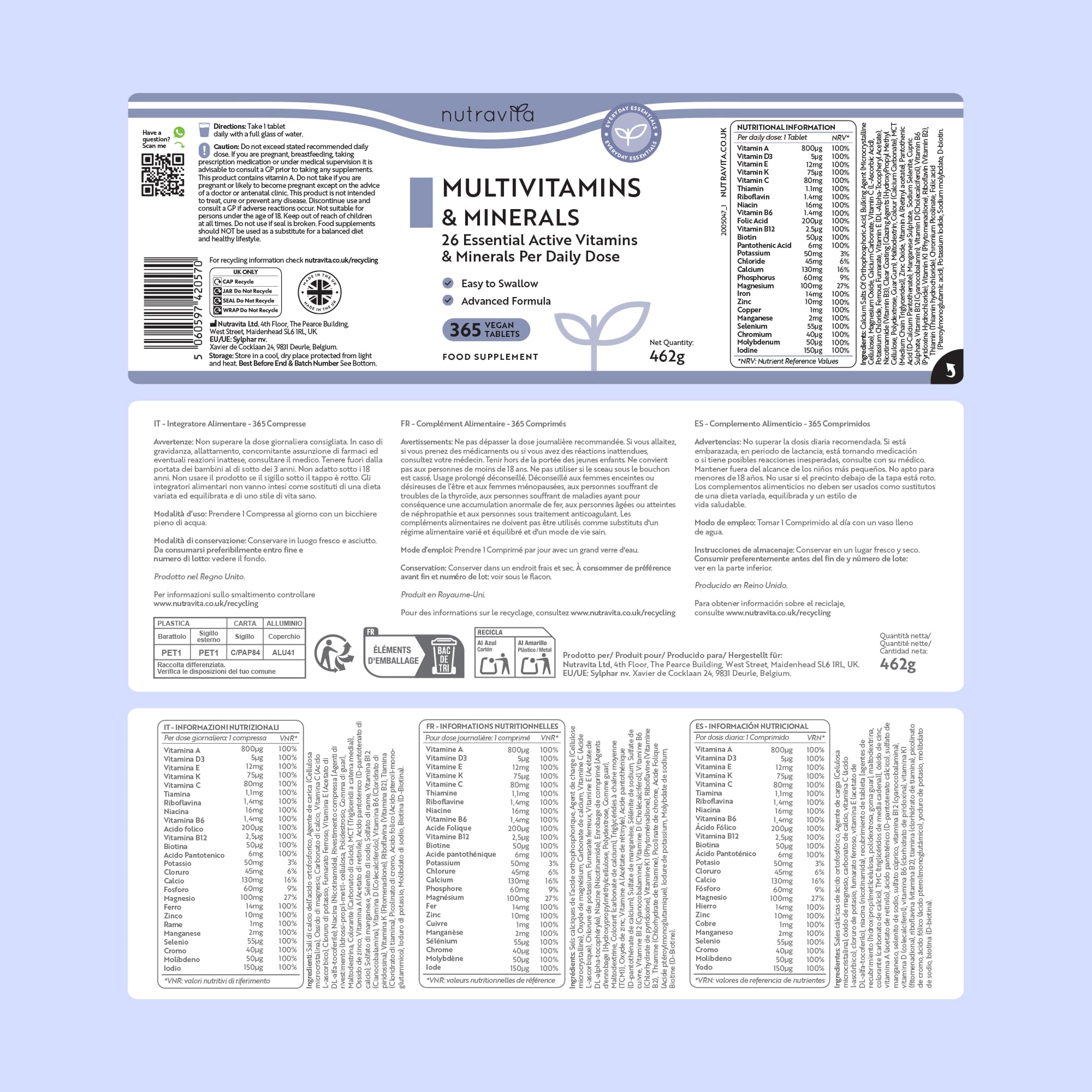 Nutravita Multivitaminas Mujer y Homre - 365 Comprimidos Veganos - Complejo Vitaminico de 26 Activos Esenciales - Vitamina C, D3, A, B12, E y Minerales - Vitaminas para el Cansancio - Multivitamínico