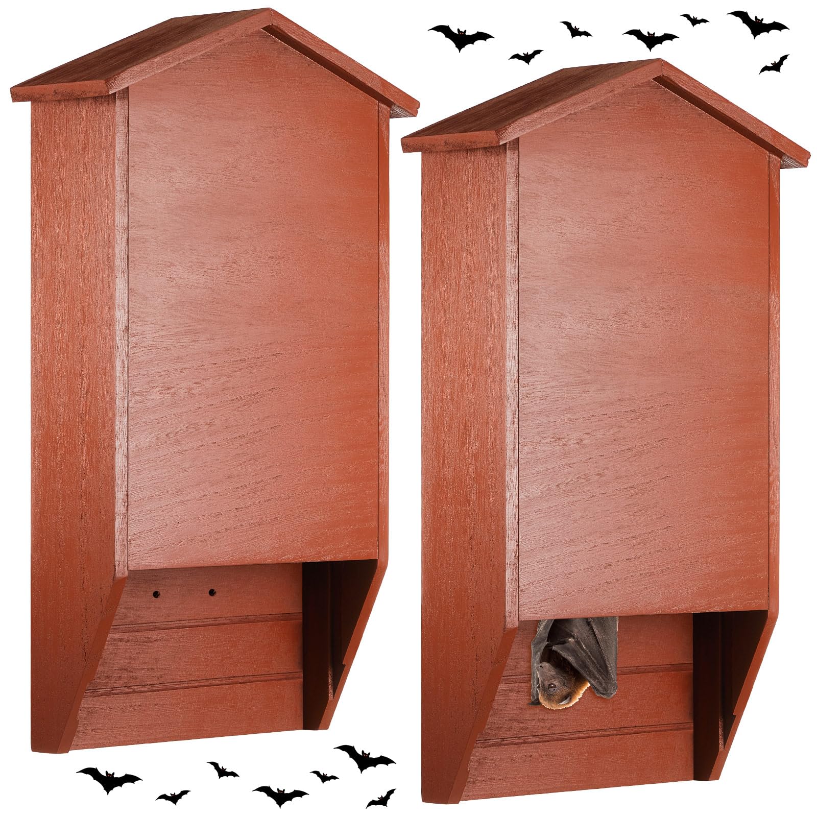 Wenqik 2 Pack Bat House for Outdoor for Tree Large Bat Box for Outside 2 Chamber Wood Bat House Kit 15.6 x 9 x 3.2 Inch Weatherproof Wooden Bat Shelter, Red Brown