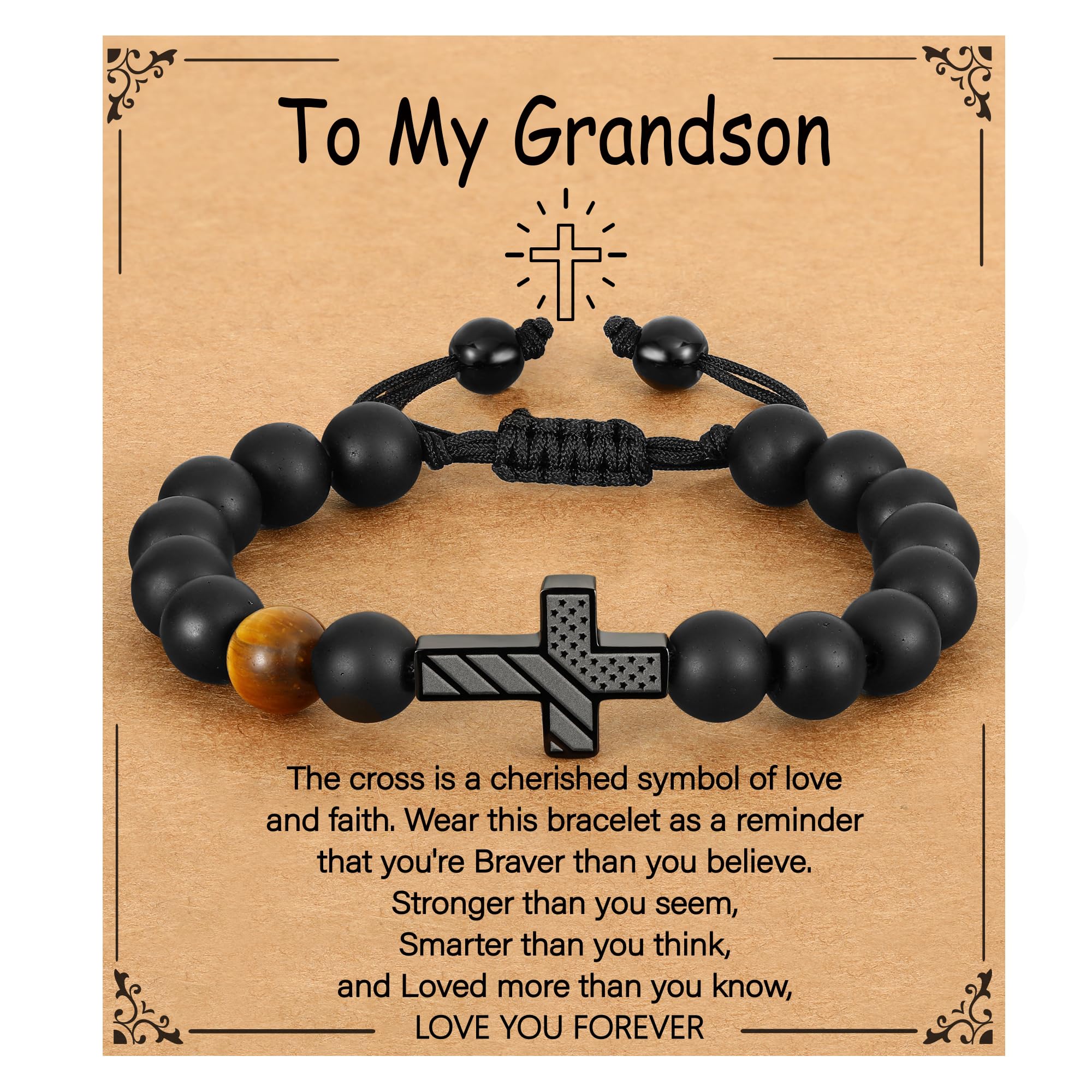 P.BLAKE Cross Bracelet for Boys Teen Boy Gifts, American Flag Cross Beads Bracelet Christian Christmas Easter Baptism Jewelry Gifts for Son Grandson