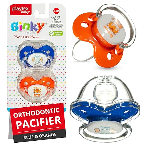 Playtex Baby Binky - Chupete de ortodoncia con escudo Air Comfort, silicona de grado médico, azul y naranja, 2 unidades