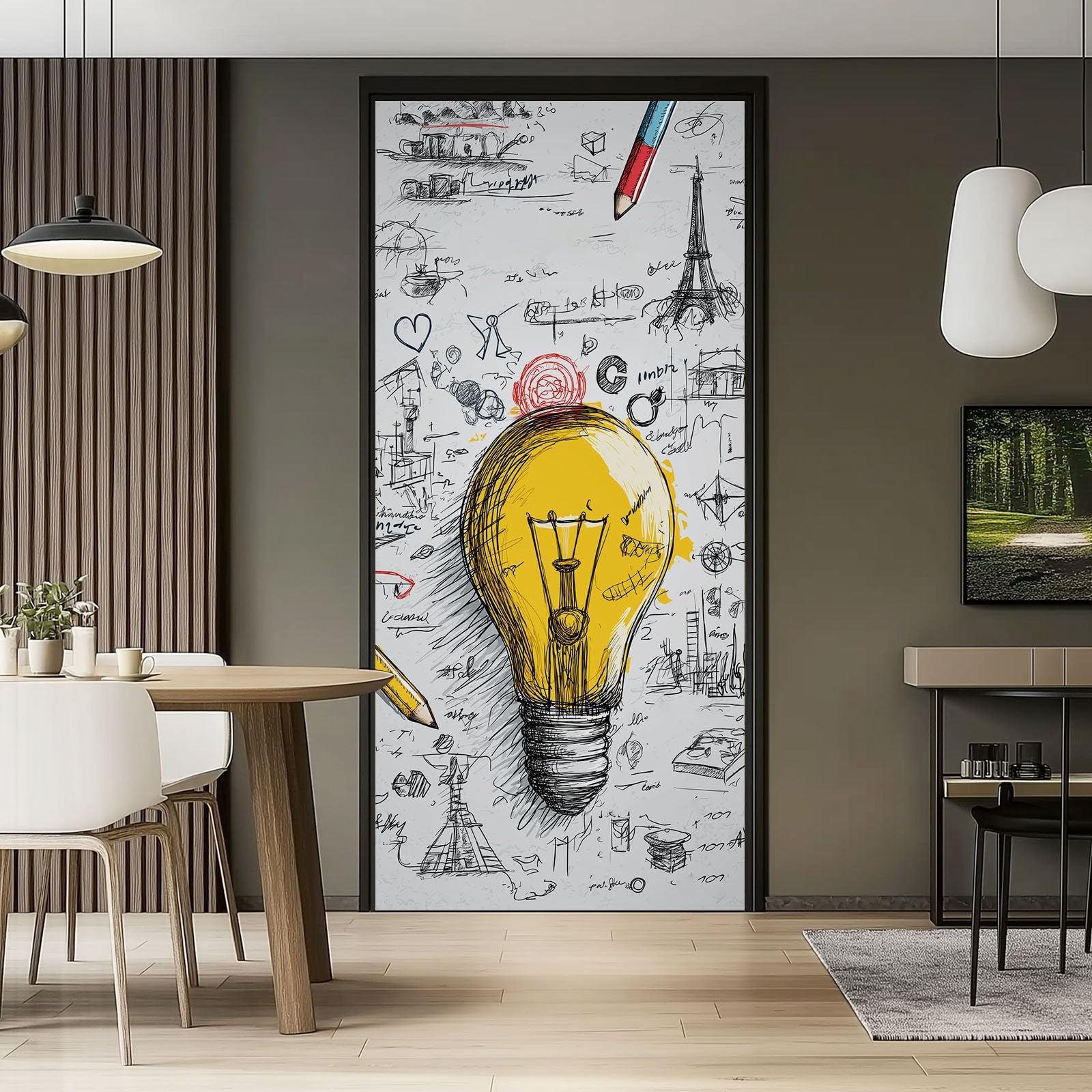 Naklejka na drzwi 3D, samoprzylepna, PCW, 90 x 200 cm, zdejmowana, szara, wodoszczelna, do sypialni, kuchni, łazienki, biura, dekoracja na drzwi - nowoczesna ilustracja Doodle żarówka motyw wnętrza
