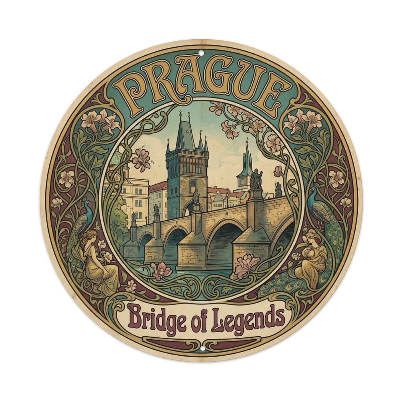 Yrnq Vintage Style Vintage Travel Prague Bridge Bohemia Vintage Metal Tin Sign Plaque Wall Decor For Cafe, Club, Garden Round Metal Poster 8X8inch