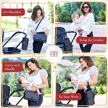 Portable Diaper Changing Pad Waterproof B0NUS Insulated Baby Bottle Bag, 2-in-1 Diaper Clutch and Changing Mat, Wipe Clean Portable Changing Pad with Built-in Head Cushion (Black)
