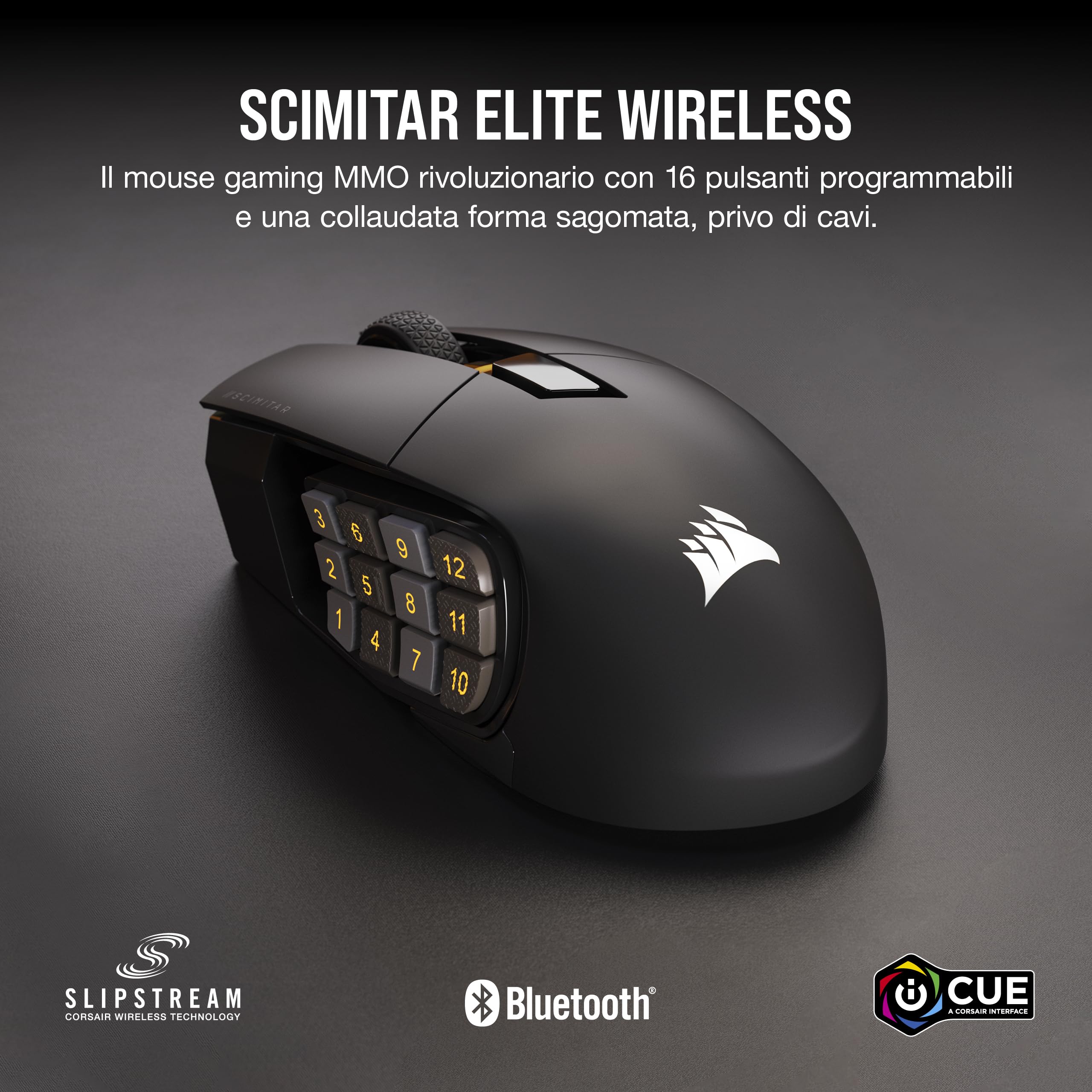 CORSAIR SCIMITAR ELITE WIRELESS MMO Mouse da Gioco - 26.000 DPI - 16 Pulsanti Programmabili - Batteria Fino a 150 ore - Compatibile con iCUE - PC, PS5, PS4, Xbox - Nero
