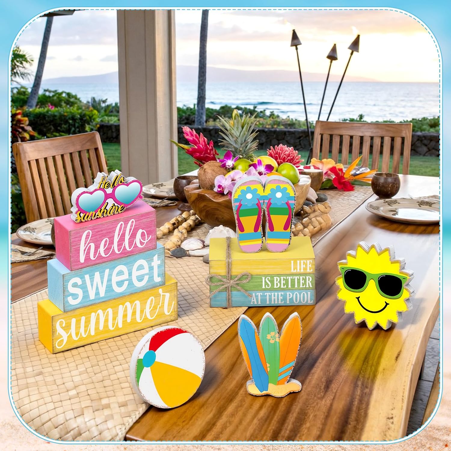 Vercraft 11 Pcs Summer Hawaiian Table Decorations Set Summer Tiered Tray Decor Flip Flops Centerpiece Faux Book Stack Block for Table Home Office Decorations