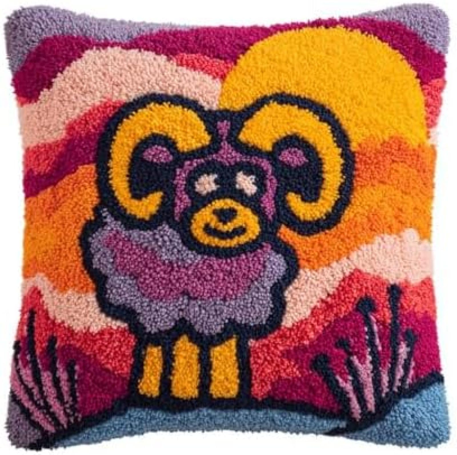 Kitphoenix Multicoloured Bighorn Sheep Sunset Sidelighting Cushion Cover Latch Hook Kit For Adults,Diy Craft Kit With Pre-Printed Canvas,Yarn And Hook,43X43 Cm Handmade Home Décor