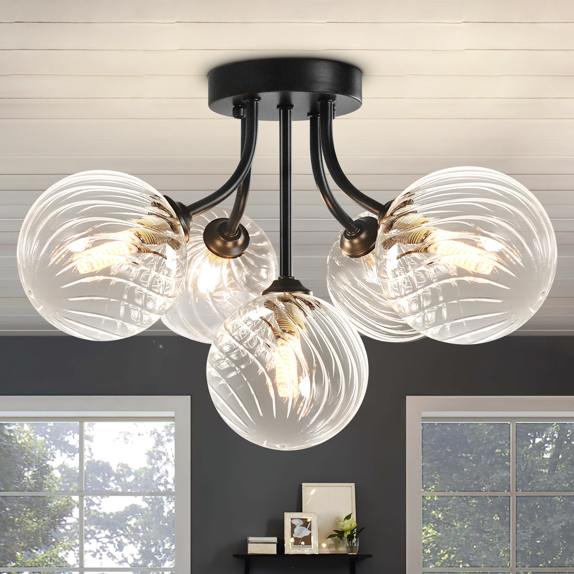 Sputnik Ceiling Light Fixture 5-Light Globe Bubble Glass Chandelier Clear Swirled Glass Semi Flush Mount Ceiling Light Fixture Black Bubble Chandelier for Bathroom Kithcen Hallway Dining Room Foyer