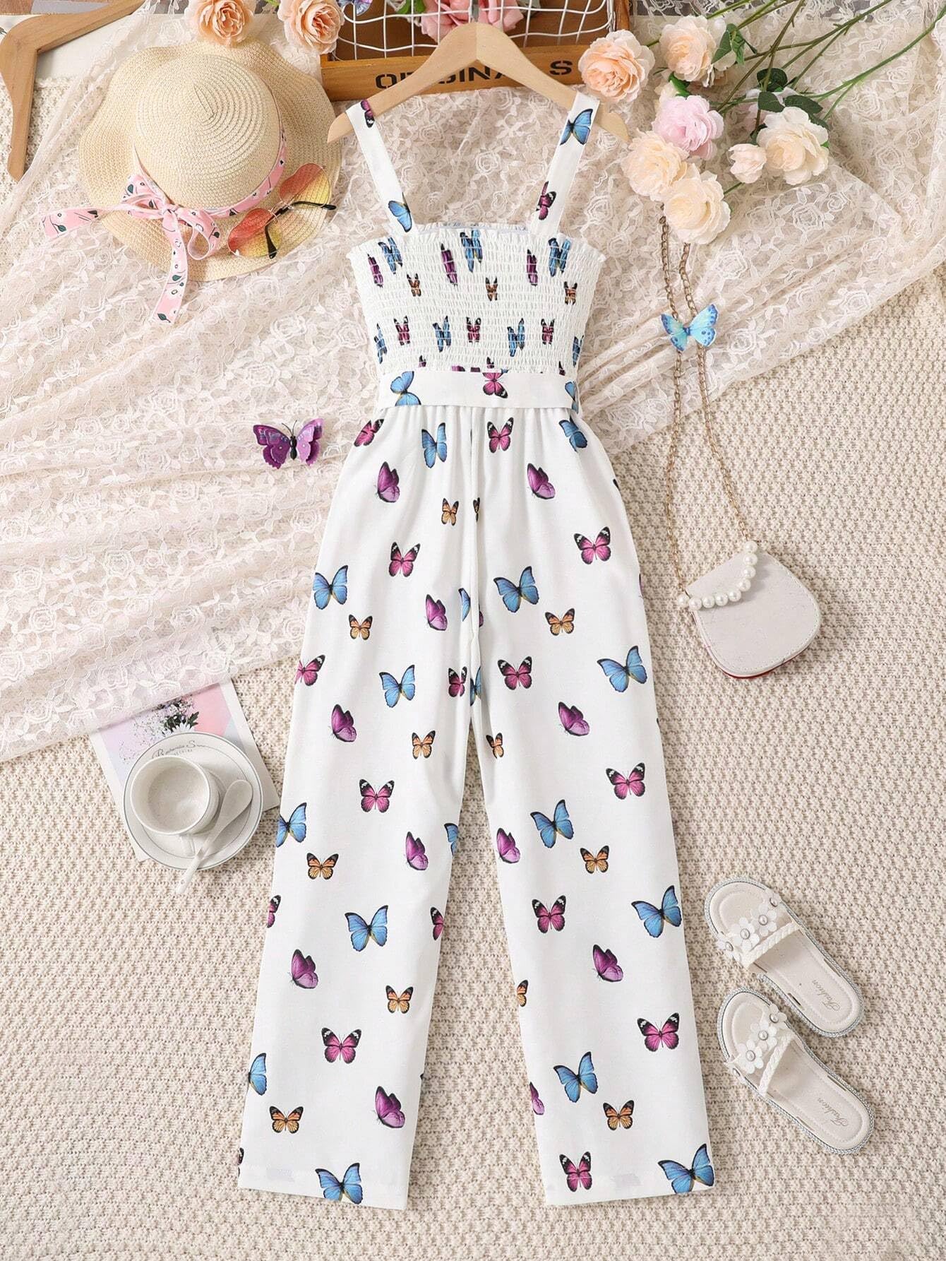 2-teiliges Mädchen-Outfit mit Schmetterlings-Aufdruck, Pullover und Overall, 7–13 Jahre