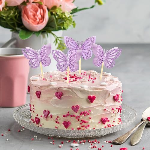 Miniatura 6 de Chinco 48 piezas adornos de mariposa para cupcakes ensamblados de doble capa adorno para cupcakes con purpurina 3D adorno para pastel de mariposa