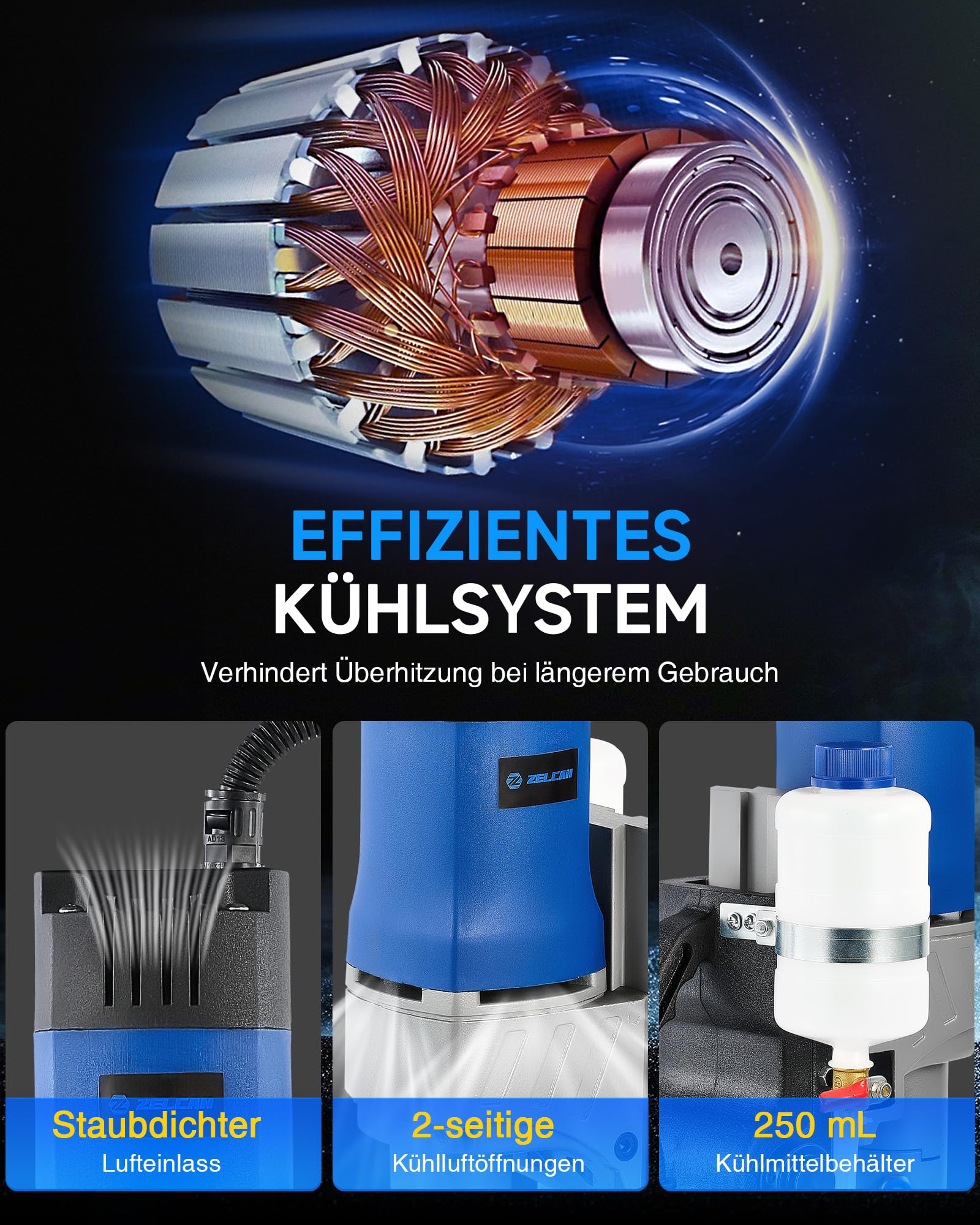 ZELCAN Magnetbohrmaschine 1550W Standbohrmaschine 11 Bohrer 13000N Tischbohrmaschine 580RPM Variable Geschwindigkeit 50mm Max. Durchmesser für Heimwerk Industrie Eisenbahn Schiffsbau, Höhenverstellbar