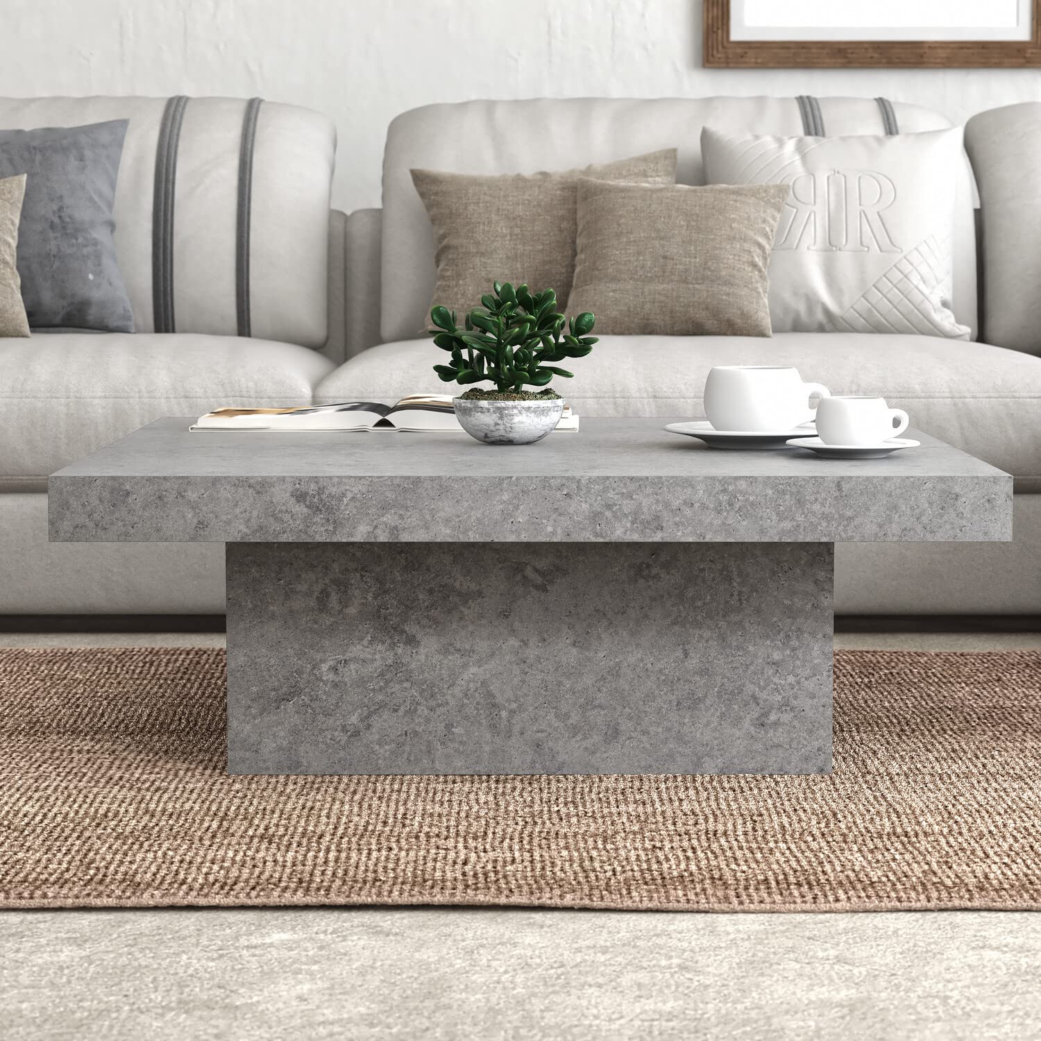 Carmelo Coffee Table, Modern Industrial Top Coffee Table, Square Center Table for Living Room, Office, Balcony, 35.43" D x 35.43" W x 12.28" H, Concrete Cool Grey