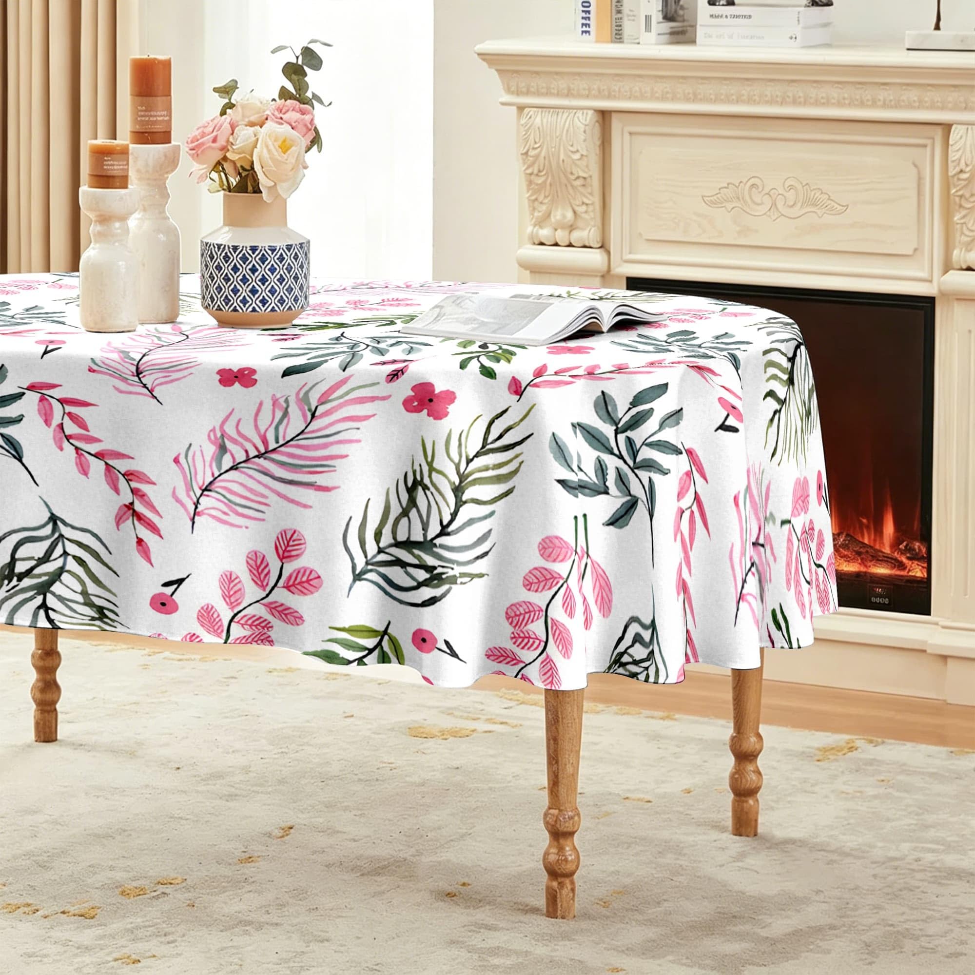 Feuilles Et Fleurs Nappe Ovale 160x200 cm Feuillage Printanier, Nappe de Table Motif Botanique en Polyester, Nappe en Tissu Imperméable et Anti-Tache, pour Cuisine, Salle à Manger, Jardin - S-79