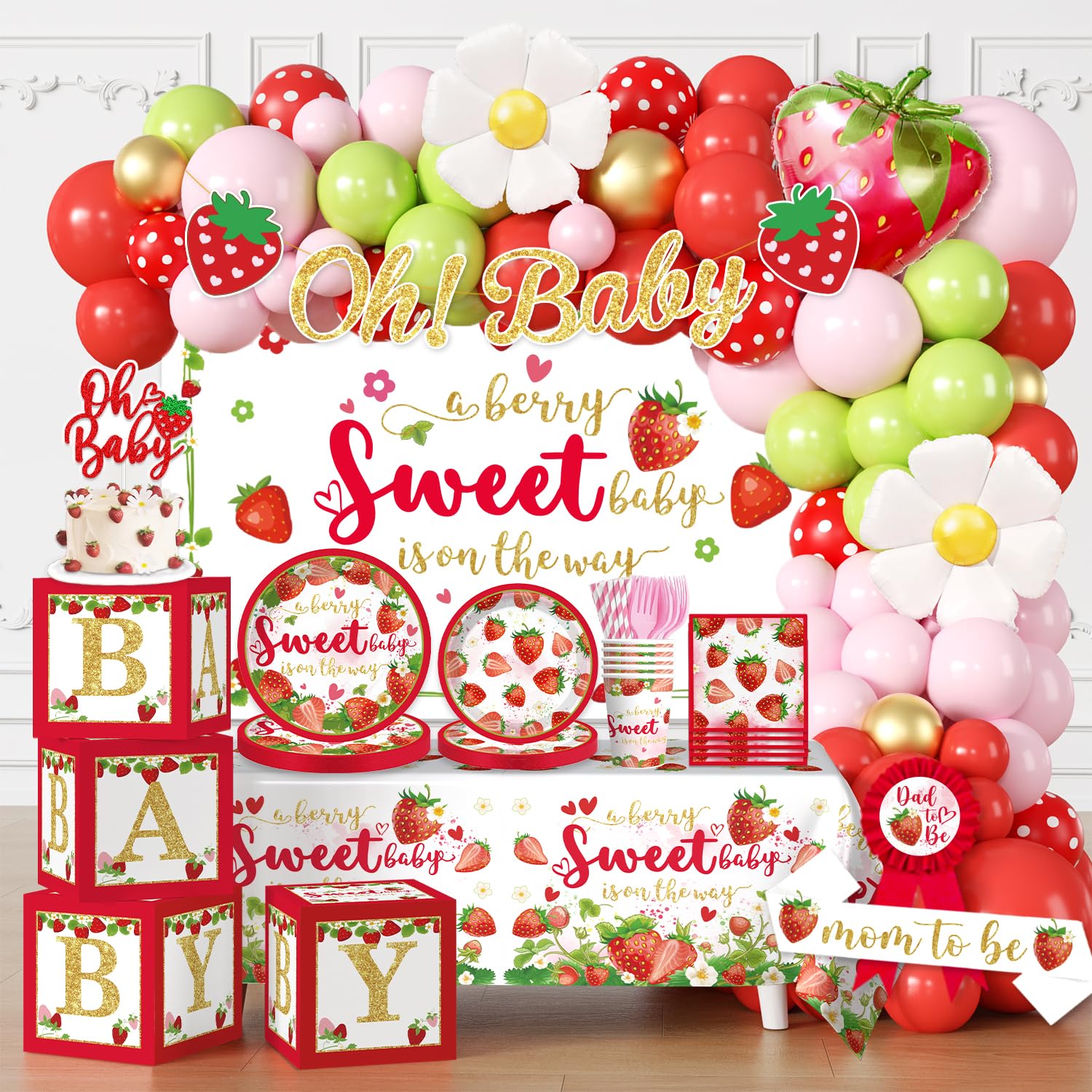 Cocomigo 239pcs Strawberry Baby Shower Decorations for Sweet Girl, Complete a Berry Sweet Baby is on the Way Set Sturdy 300gsm Paper Plates Backdrop