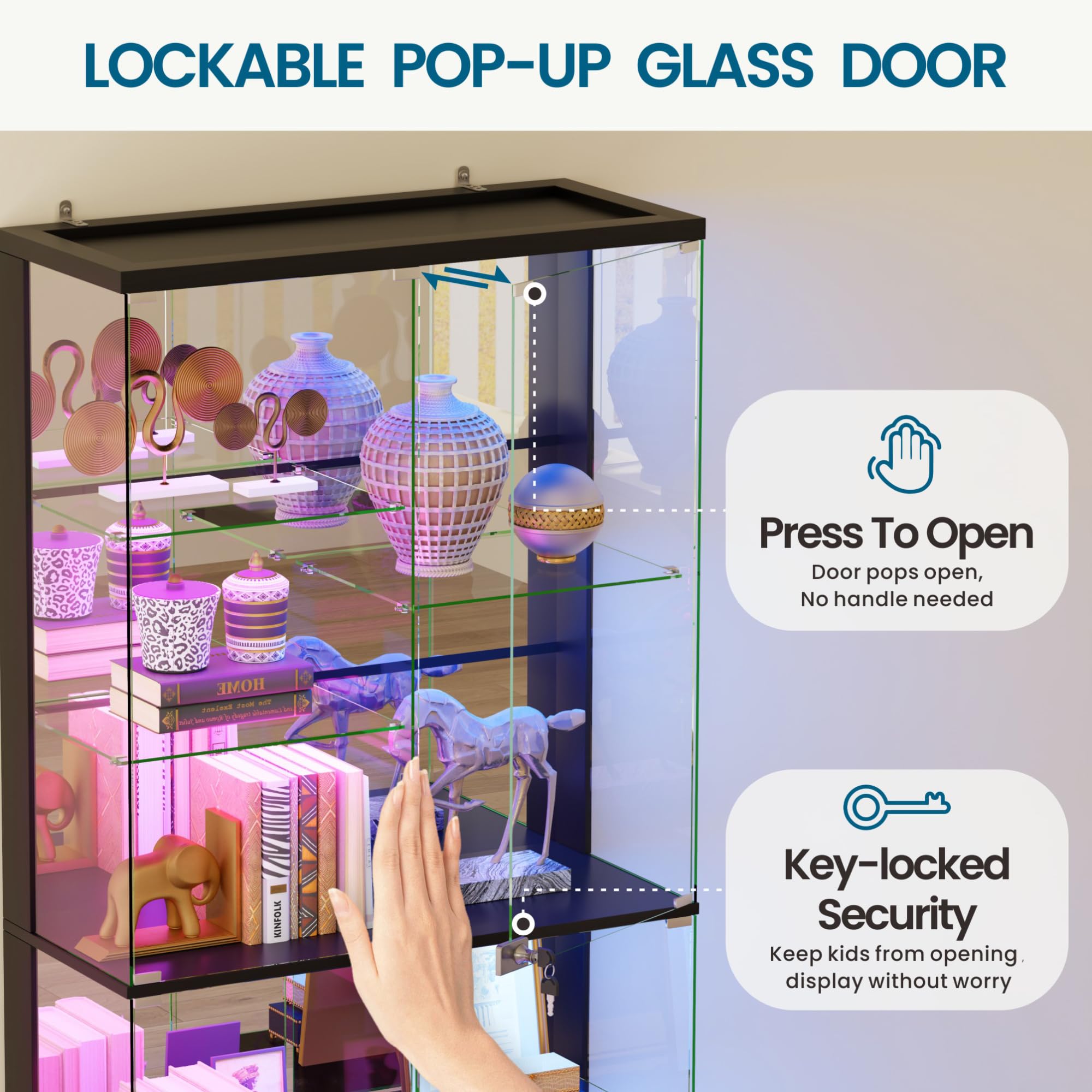 Lvifur Glasvitrine mit LED Beleuchtung und Glastüren für Wohnzimmer Schlafzimmer,35×78×180cm 5-Lagen Vitrinenschrank Vitrine mit Intelligente Sensorik für Sammlerstücke,Wein,Black