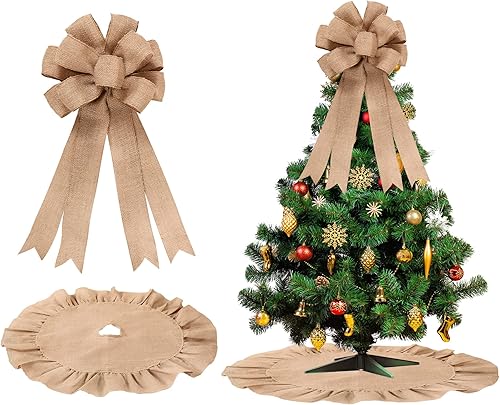 Miniatura 1 de Falda de arpillera natural para árbol de Navidad con lazo de arpillera natural para árbol de Navidad con borde de volantes para decoración de casa
