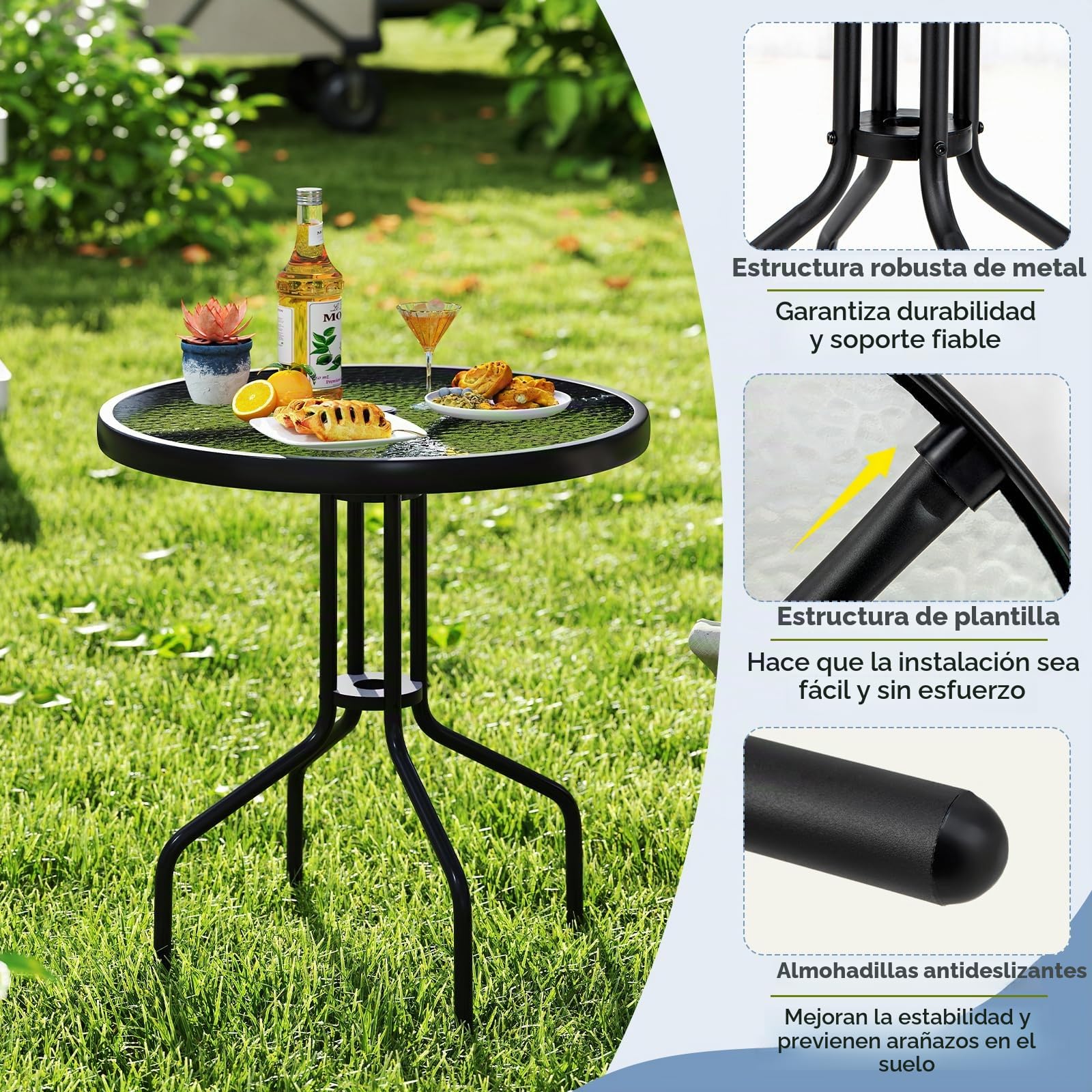 KOMFOTTEU Mesa de Jardín de Vidrio Templado con Agujero para Sombrilla 4 cm | Mesa de Comedor Redonda con Marco de Metal, para Balcón, Terraza, Diámetro 70 cm