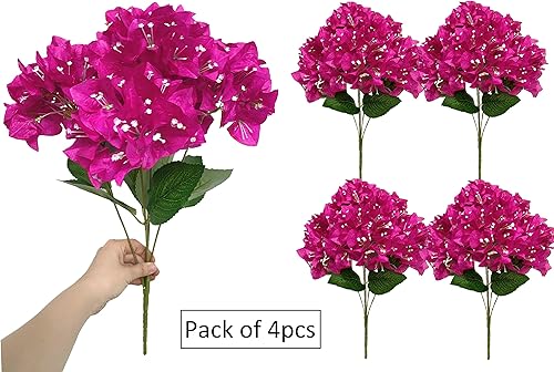 Miniatura 3 de Juego de 4 ramos de flores artificiales de seda de buganvilla, flores ricas para decoración del hogar, jardín, boda, arbustos de flores sintéticas,