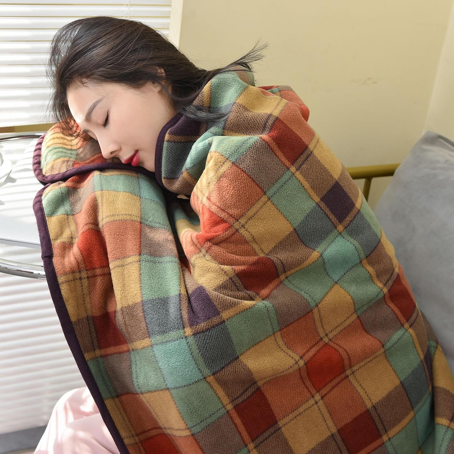 forestfish Fleece Wearable Blanket, Plaid Lap Blanket Comfy Poncho Throw with Buttons for Bed Sofa Office - Image 2