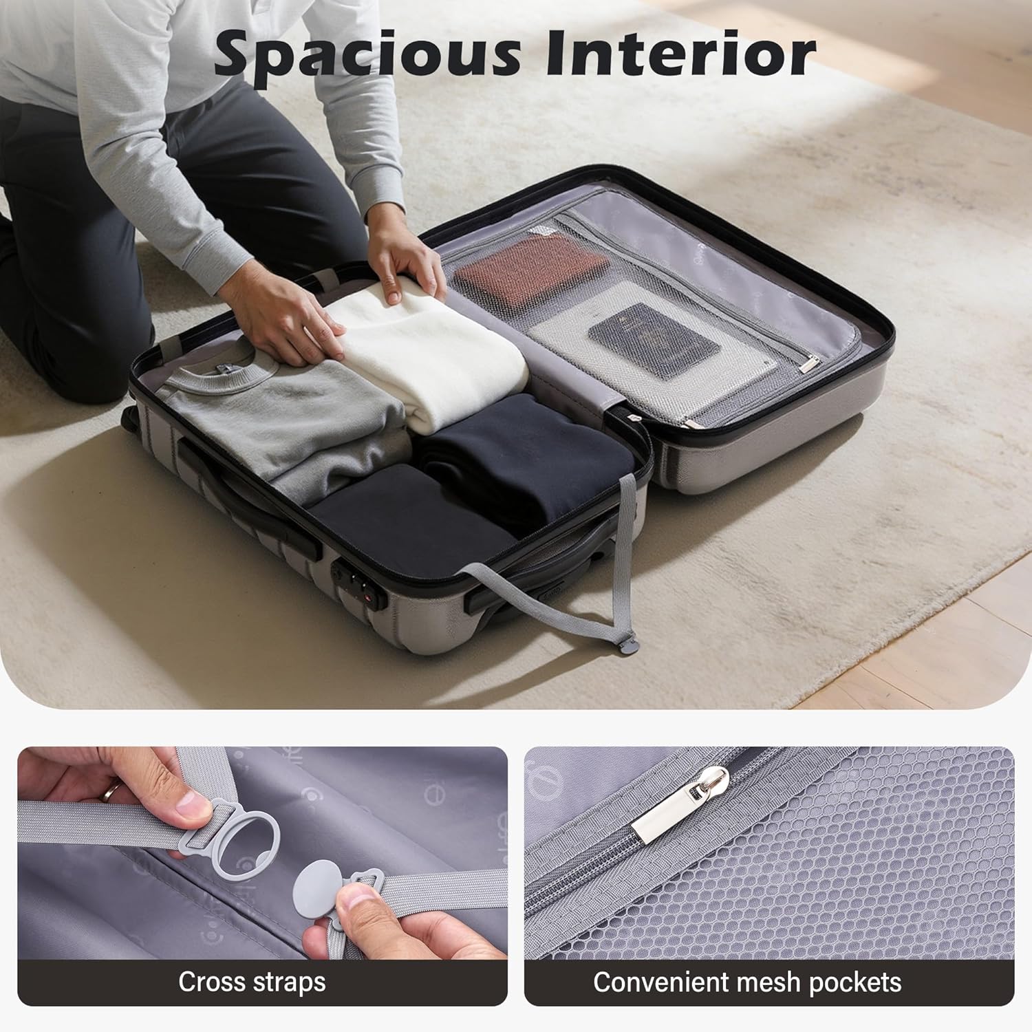 Coolife Carry On Luggage Airline Approved with Spinner Wheels, Hard Shell Suitcase TSA Lock Lightweight Travel Luggage 20-inch,Gray - Image 6